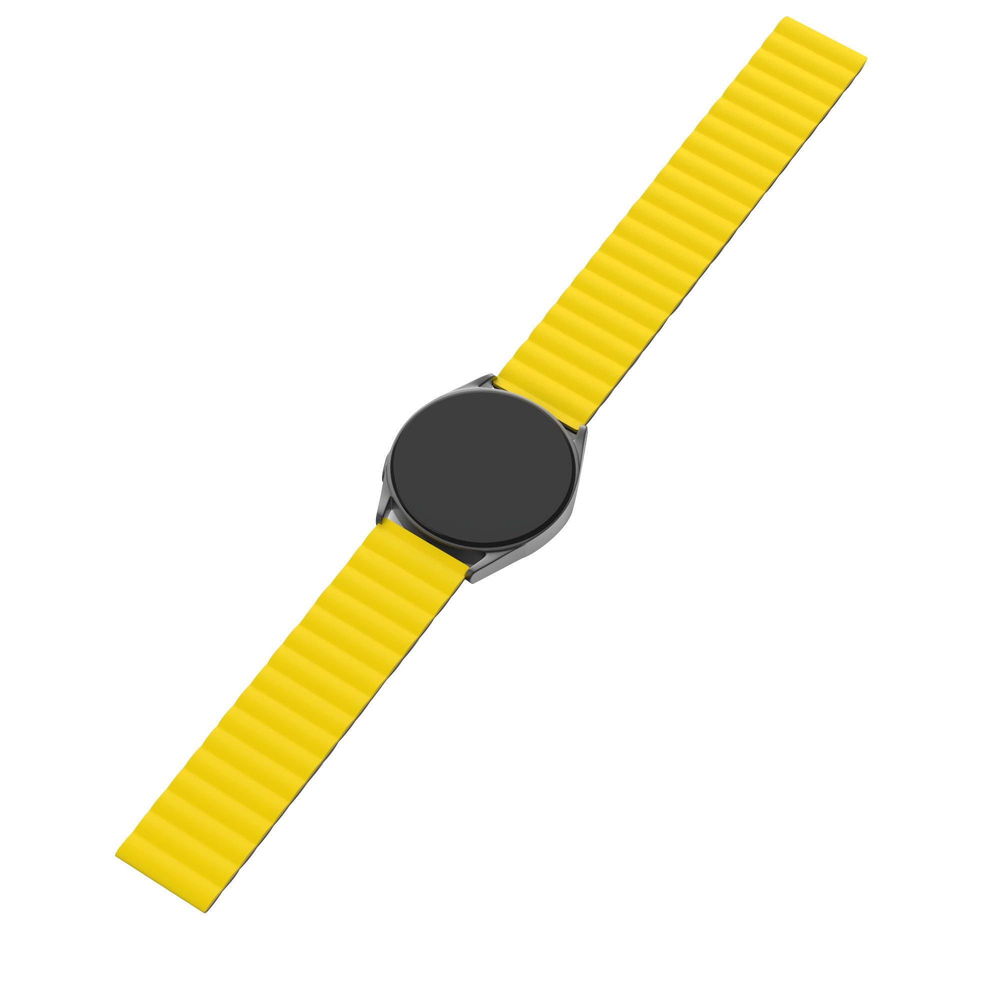 Eine Smartwatch mit schwarzem, kreisförmigem Zifferblatt und gelbem Armband auf weißem Hintergrund.