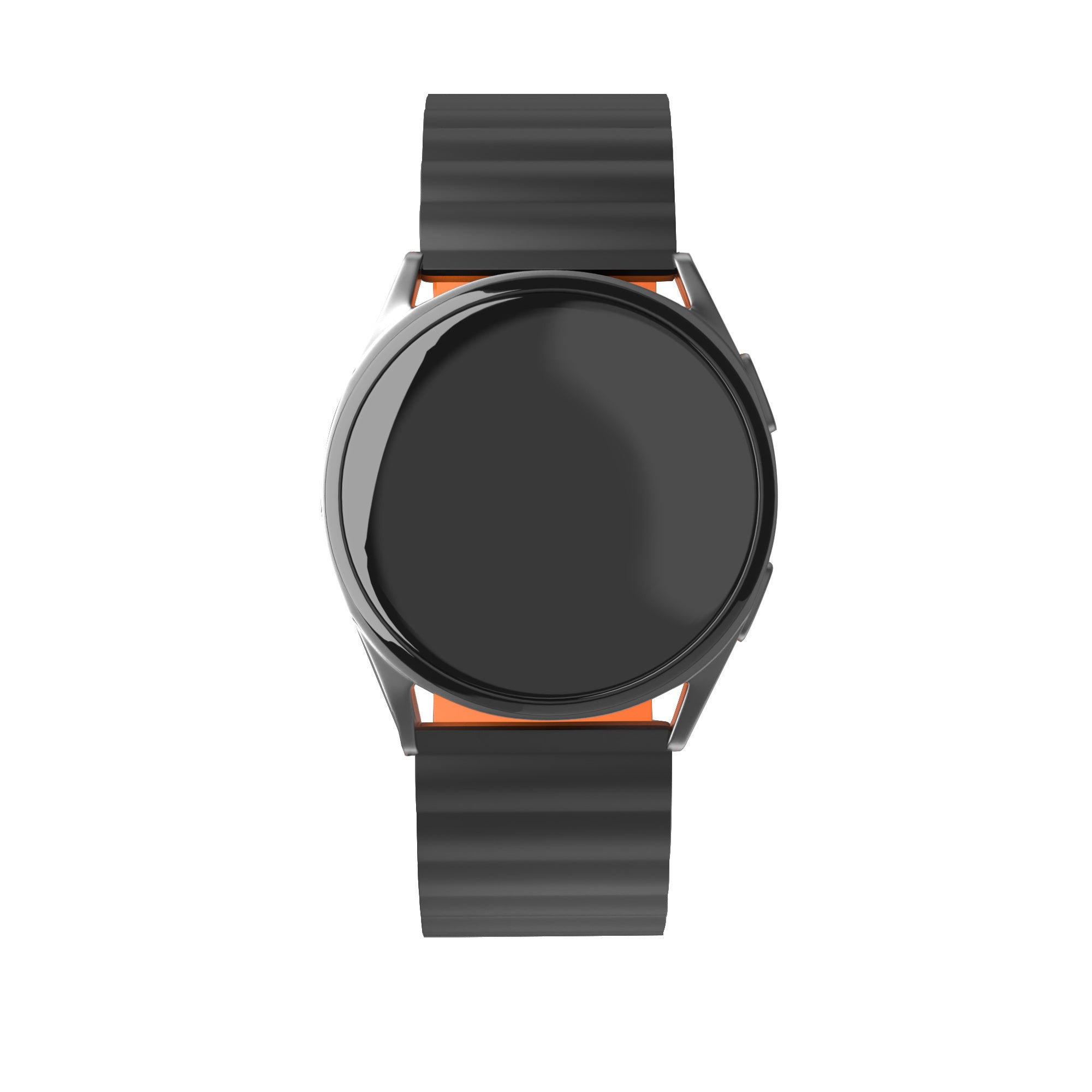 Eine schwarze Smartwatch auf weißem Hintergrund. Es hat einen runden Bildschirm, schwarze Armbänder und orangefarbene Akzente.