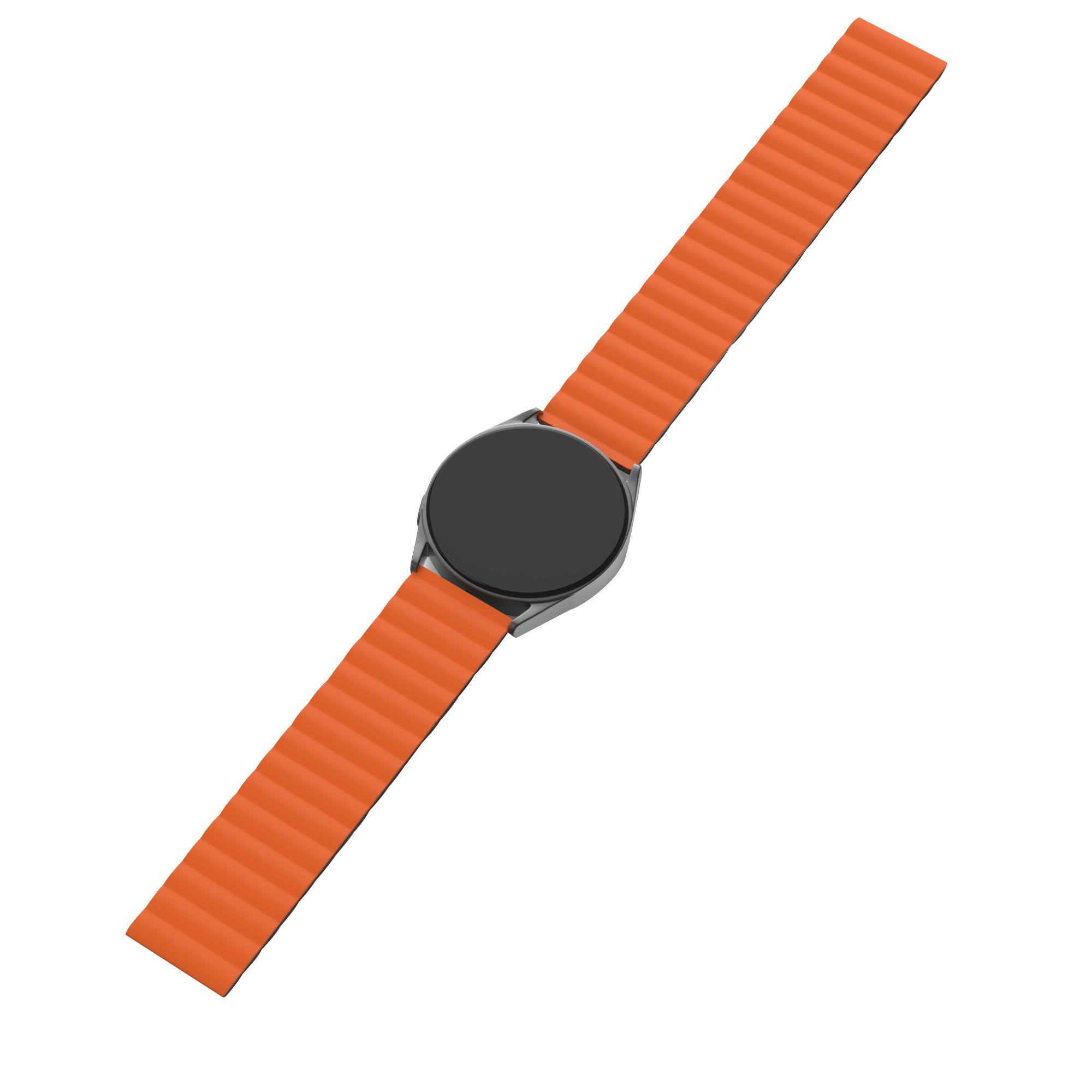 Eine schwarze Smartwatch mit orangefarbenem Armband liegt auf weißem Grund. Die Uhr ist angewinkelt und zeigt das Armband und das Zifferblatt.
