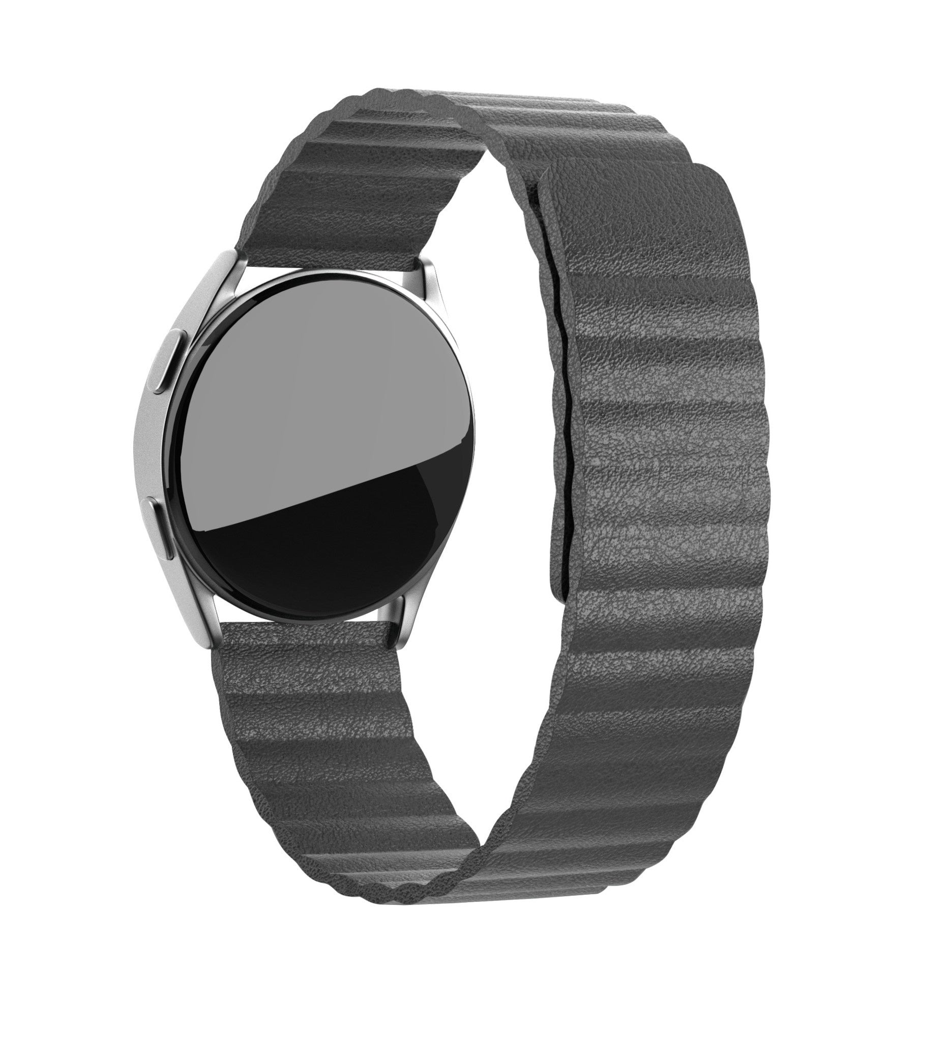 Eine silberne Smartwatch mit schwarzem Bildschirm wird mit einem grauen, strukturierten Lederarmband gezeigt. Der Hintergrund ist weiß.