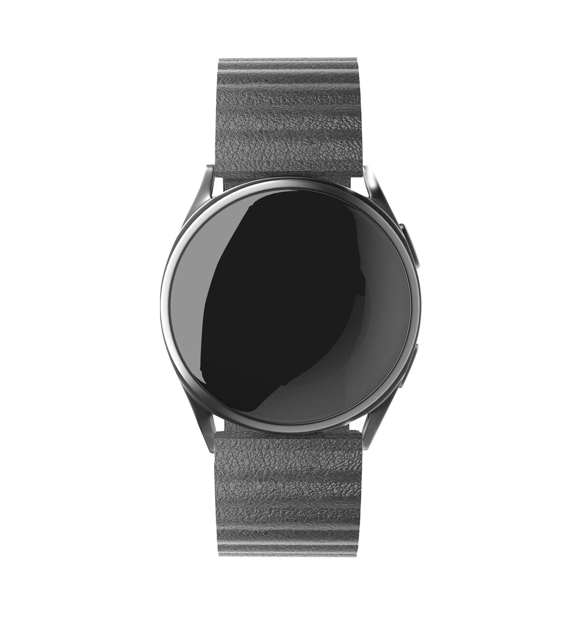 Eine schwarze Smartwatch mit rundem Zifferblatt und grauem Lederarmband, vor weißem Hintergrund.