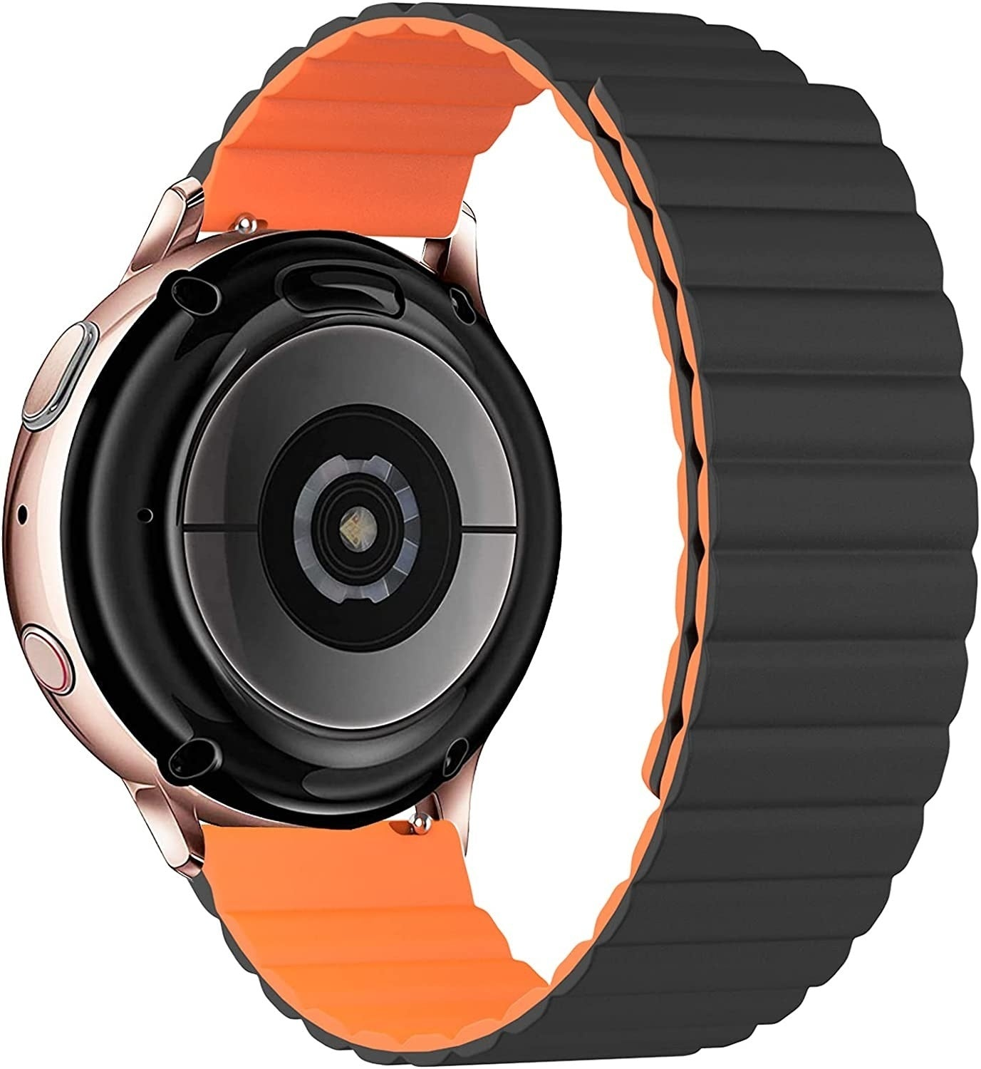 Eine roségoldene Smartwatch mit einem schwarzen und orangefarbenen Magnetband wird angezeigt. Das Zifferblatt ist schwarz und das Armband hat ein geripptes Design.