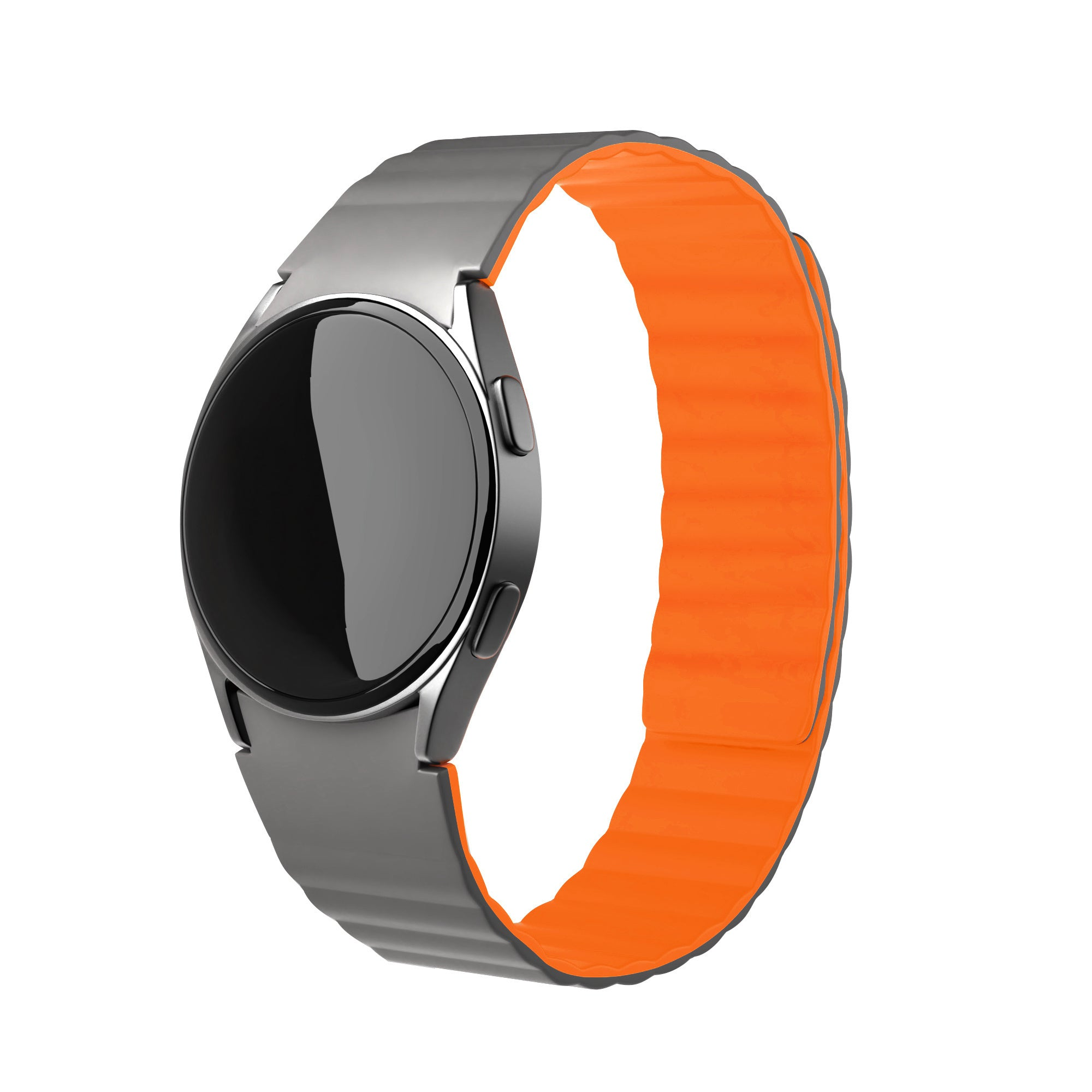 Eine silberne Smartwatch mit schwarzem Bildschirm und orangefarbenem Armband wird vor weißem Hintergrund gezeigt.