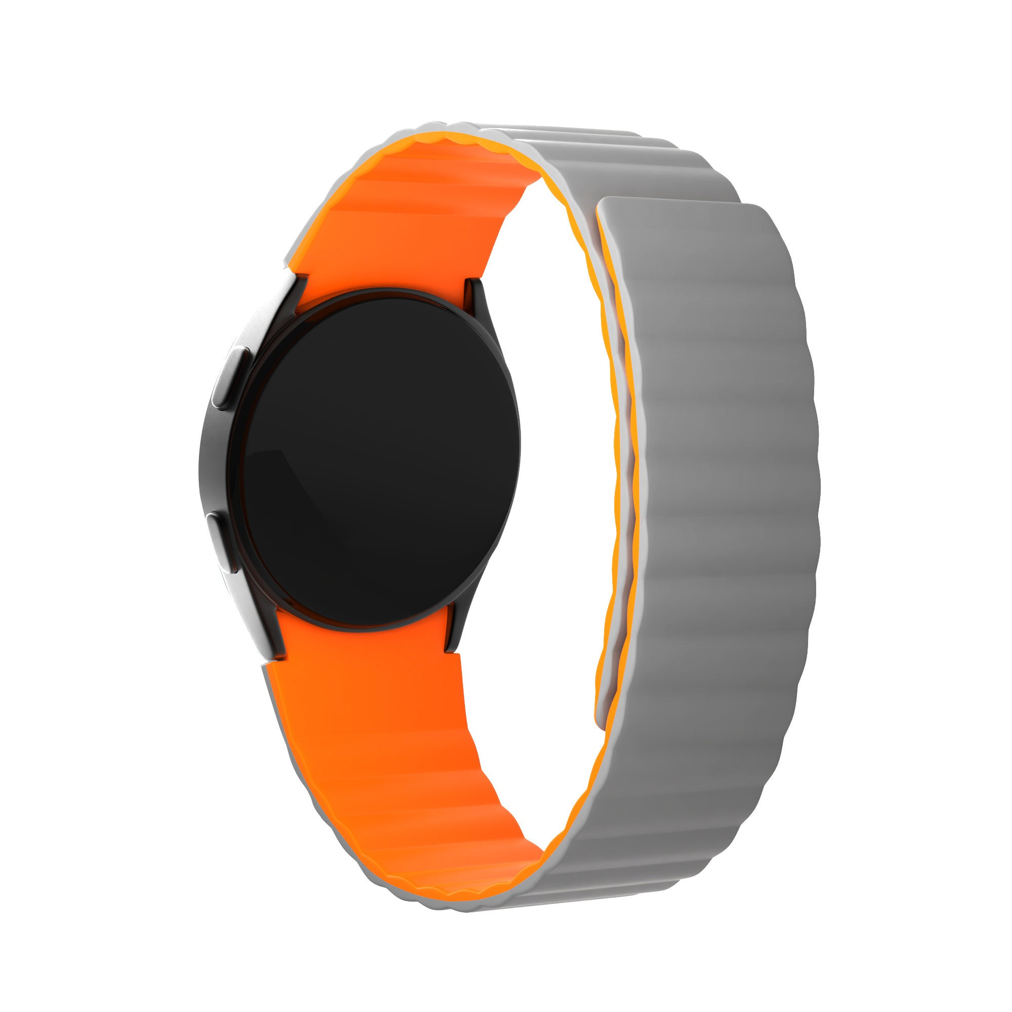 Smartwatch mit schwarzem Bildschirm, orangefarbenem Innenband und grauem Außenband. Es hat eine runde Form und ist auf weißem Hintergrund.