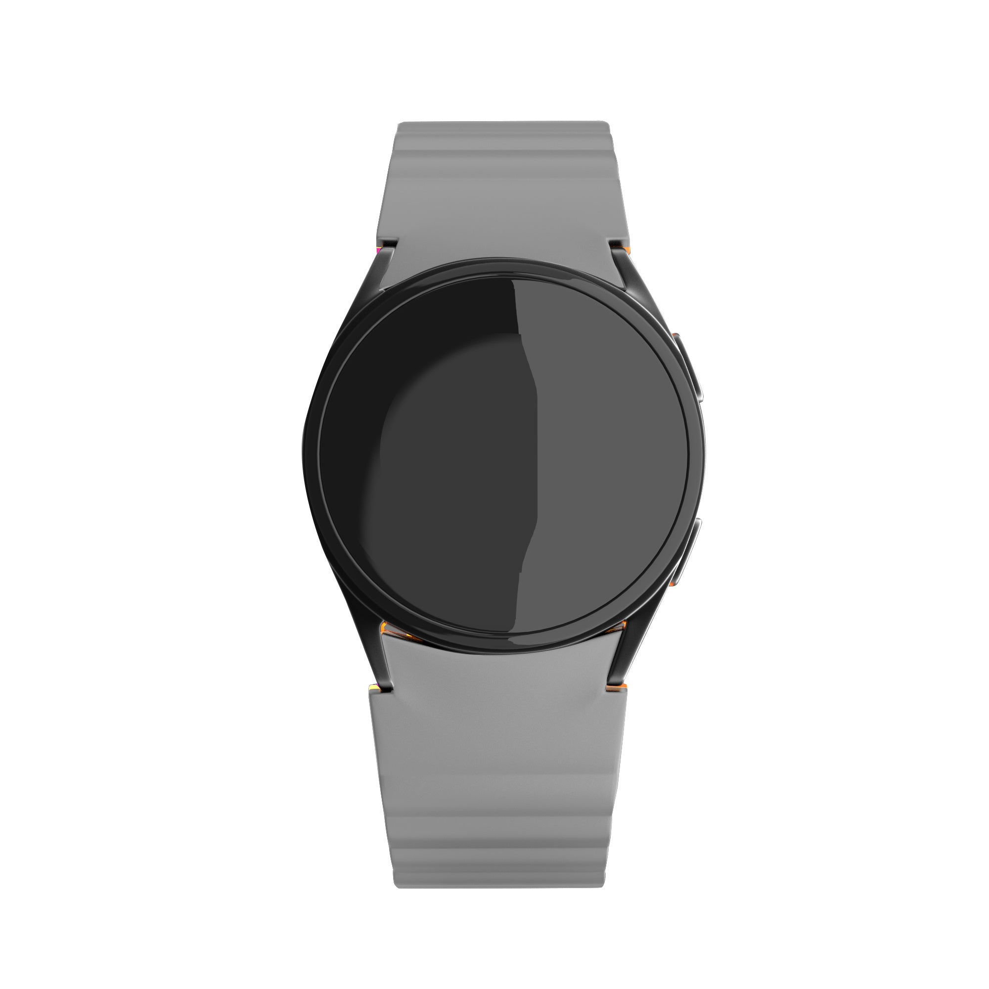 Eine schwarze Smartwatch mit rundem Zifferblatt und grauen Bändern, vor weißem Hintergrund.