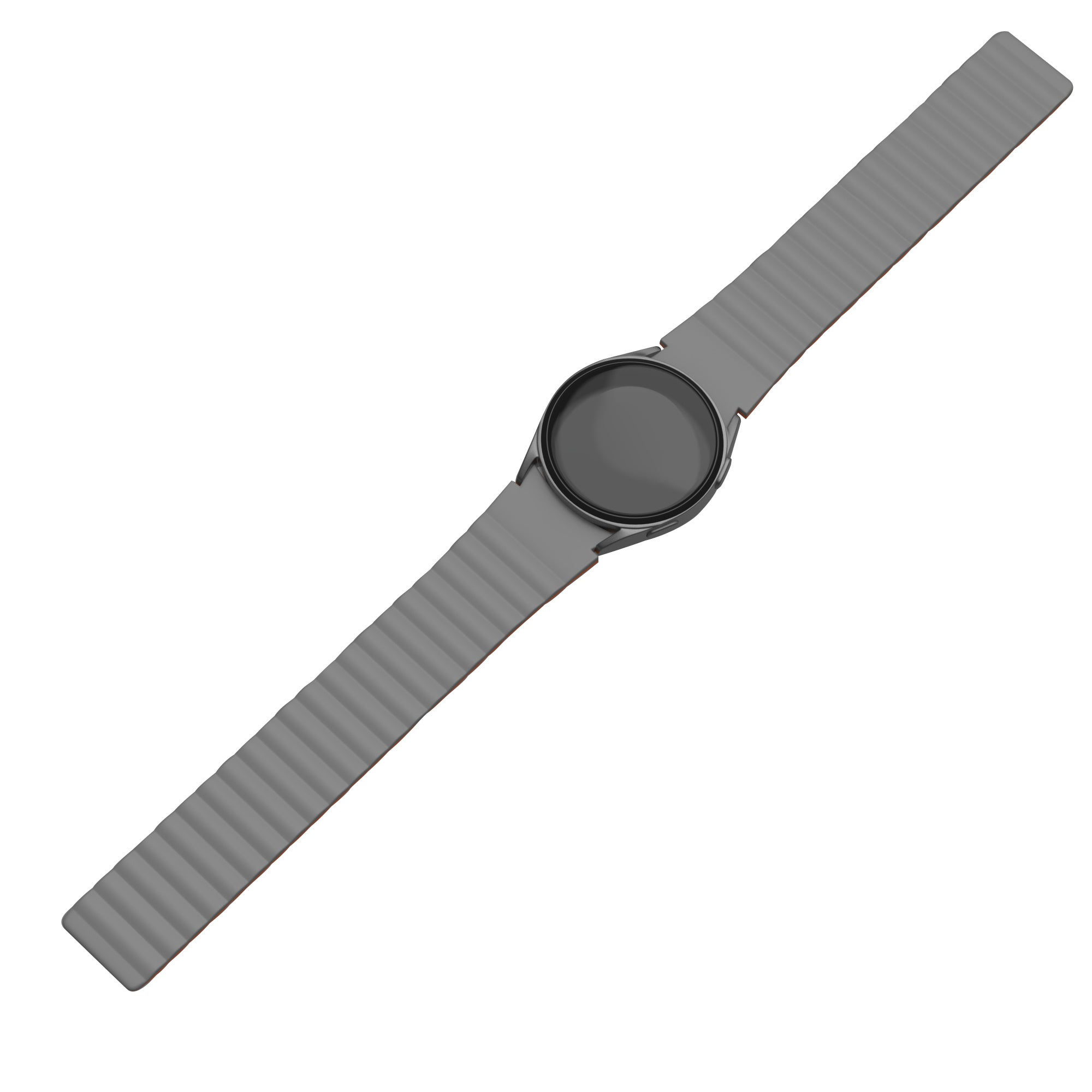 Eine graue Smartwatch mit rundem Zifferblatt und grauem Armband wird auf weißem Hintergrund angezeigt.