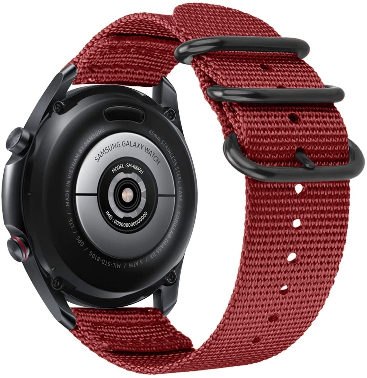 Eine schwarze Samsung Galaxy Watch mit einem weinroten Armband. Die Uhr zeigt ihre Rückseite mit Text, das Armband hat schwarze Metallschlaufen.