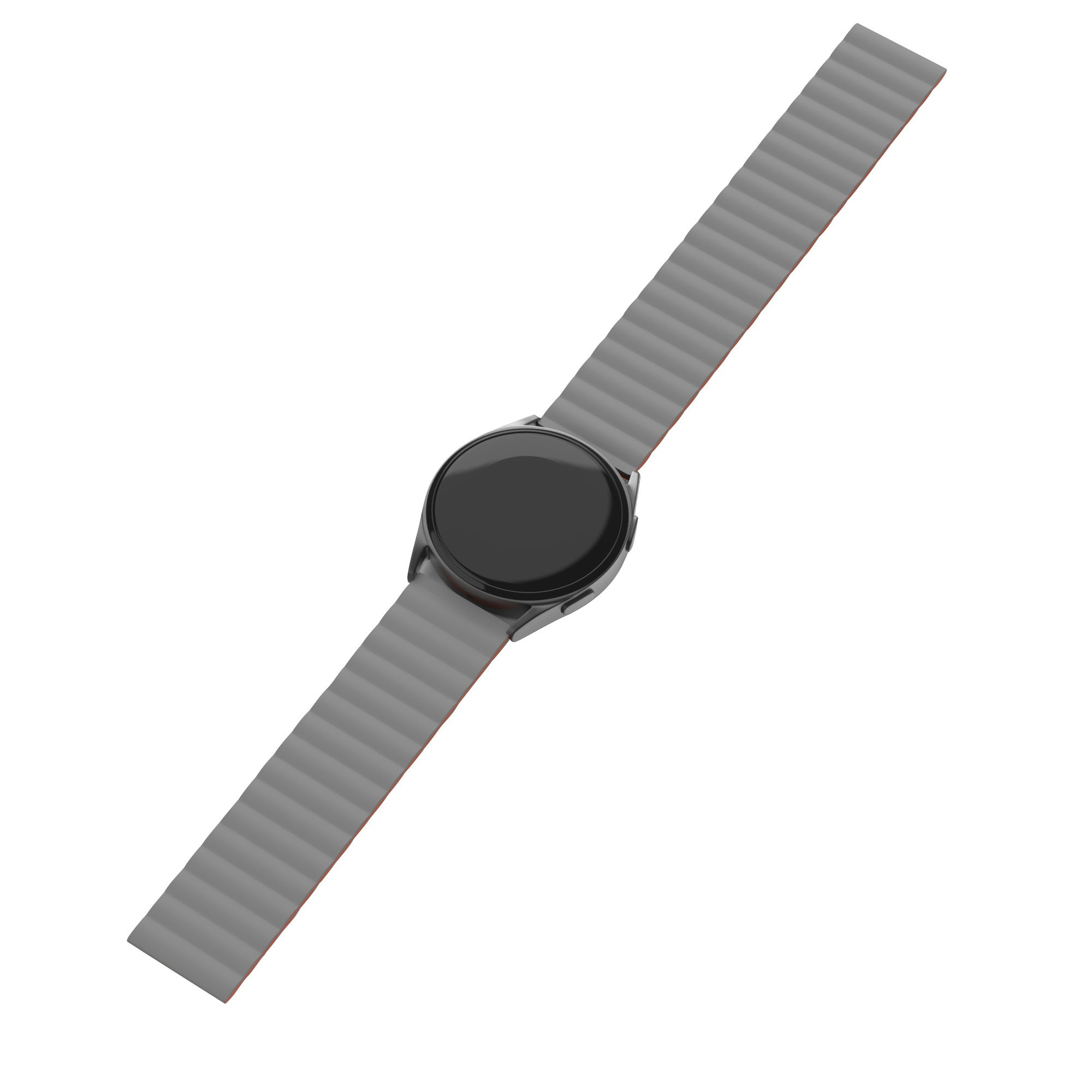 Eine Smartwatch mit schwarzem Bildschirm und grauem, geripptem Armband liegt diagonal vor weißem Hintergrund.