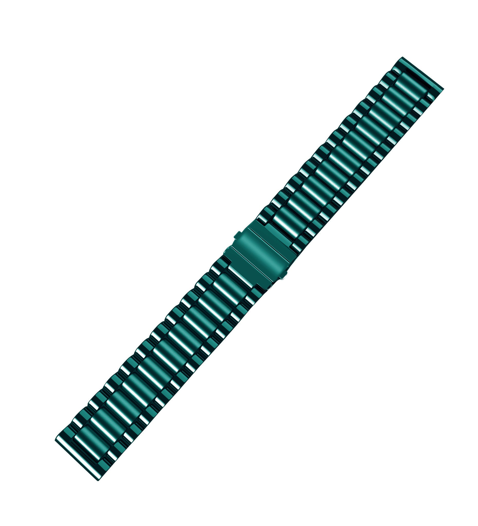 Ein türkisblaues Uhrenarmband auf weißem Hintergrund. Es besteht aus verbundenen Metallgliedern. Das Band ist abgewinkelt.