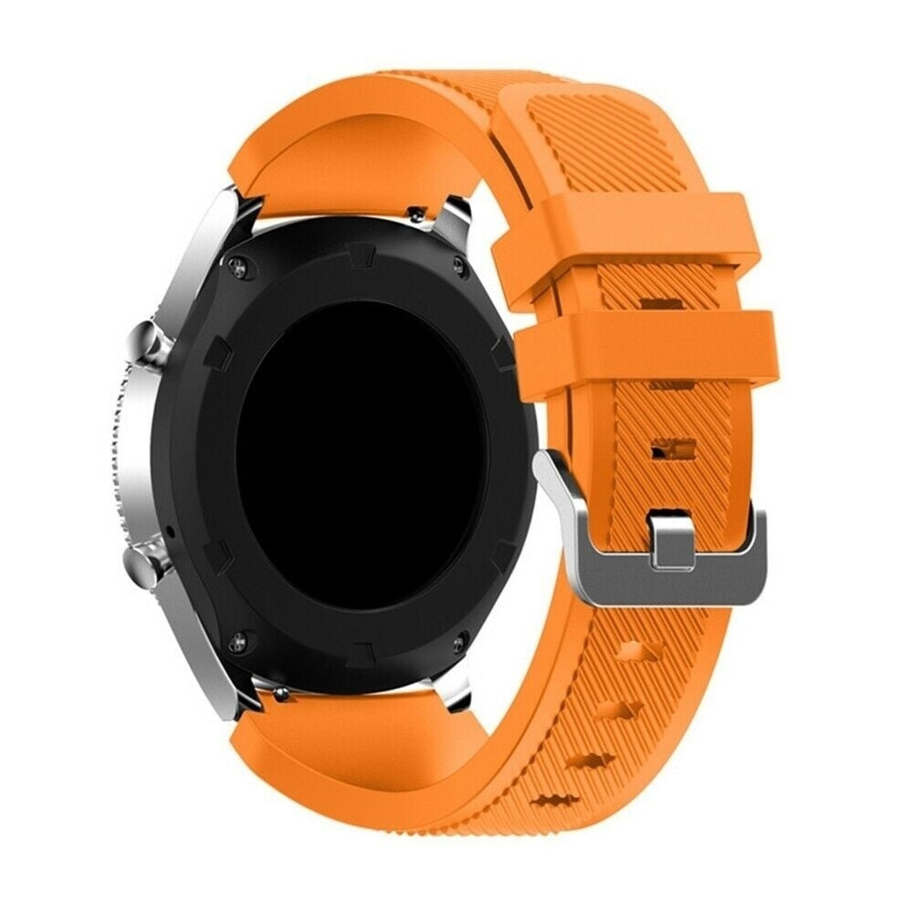 Eine schwarze Smartwatch mit orangefarbenem Armband. Das Zifferblatt ist schwarz und das Armband wird mit einer silbernen Schnalle befestigt.
