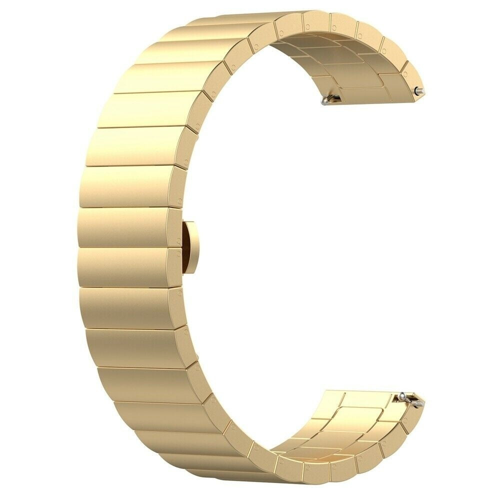 Geformtes goldenes Uhrenarmband. Es besteht aus rechteckigen Gliedern und hat einen Verschluss und Stiftbefestigungen.