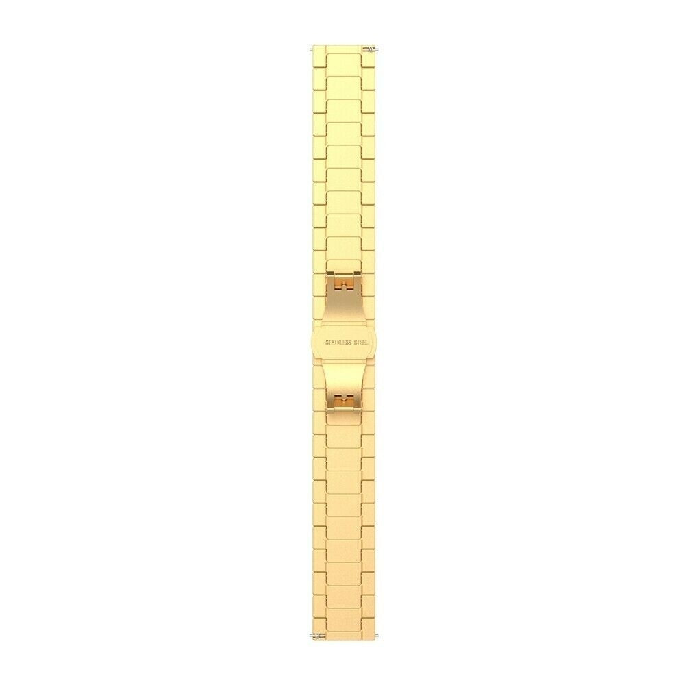 Ein goldfarbenes Uhrenarmband liegt mittig auf weißem Hintergrund. Es besteht aus rechteckigen Gliedern mit einem Verschluss 'Edelstahl'.