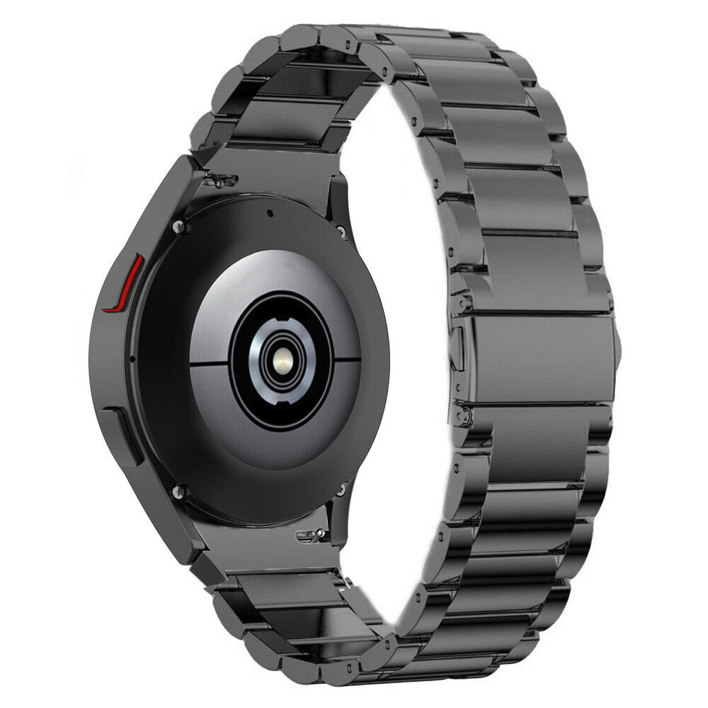 Eine schwarze Smartwatch mit Metallarmband. Das Zifferblatt ist sichtbar und zeigt die Rückseite mit einem runden Sensor und Armband.
