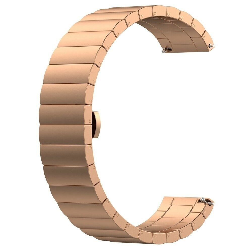 Roségoldfarbenes Uhrenarmband in C-Form, bestehend aus rechteckigen Gliedern. Der Hintergrund ist weiß.