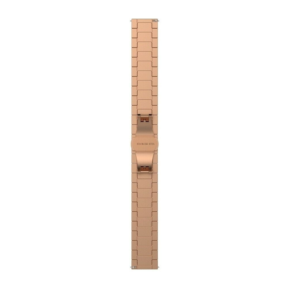 Ein roségoldenes Edelstahl-Uhrenarmband. Das Armband besteht aus verbundenen Segmenten mit einem Verschluss in der Mitte. Die Worte 'Edelstahl' sind sichtbar.