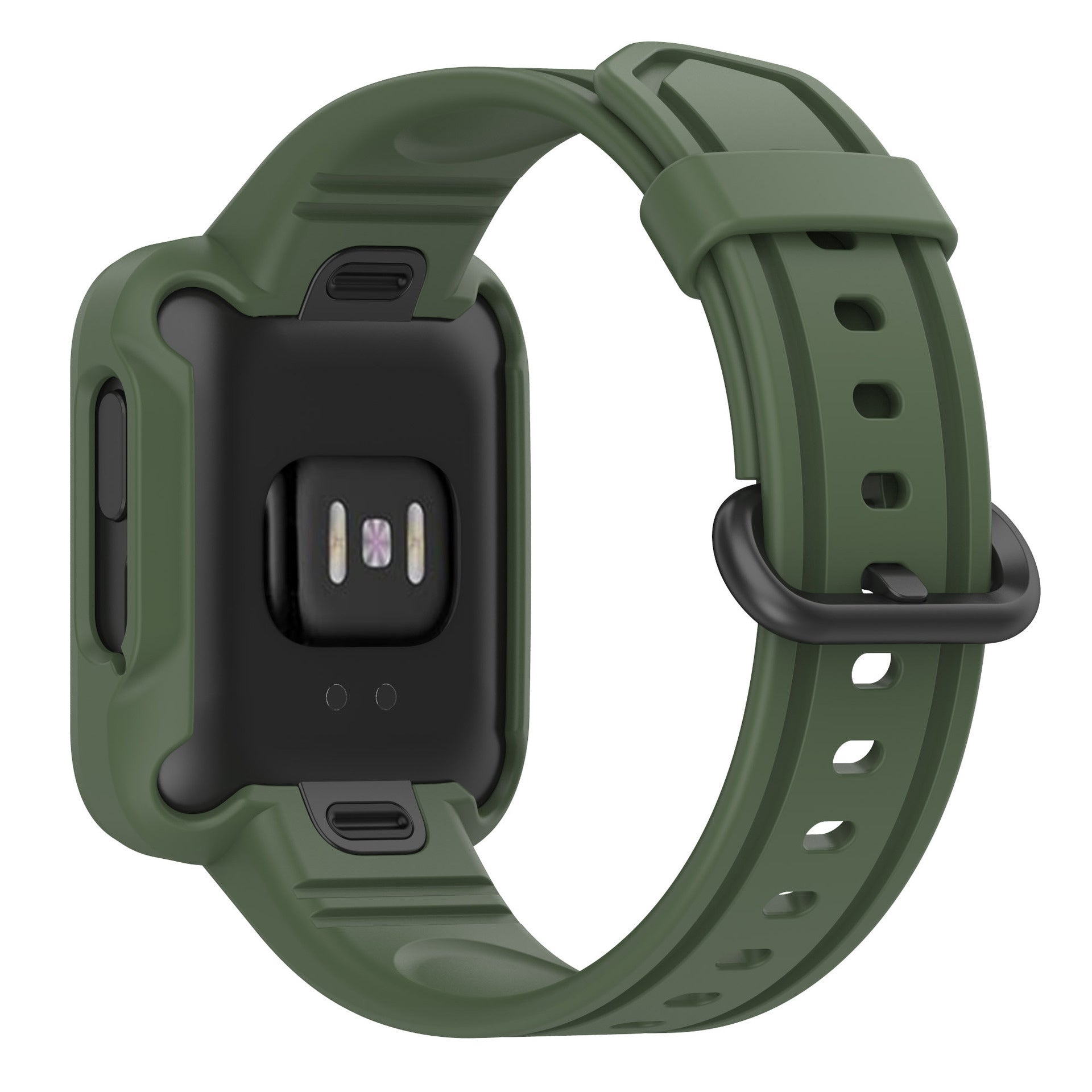 Grüne Smartwatch mit schwarzem Bildschirm. Auch das Armband ist grün, mit einer schwarzen Schließe. Der Hintergrund ist weiß.