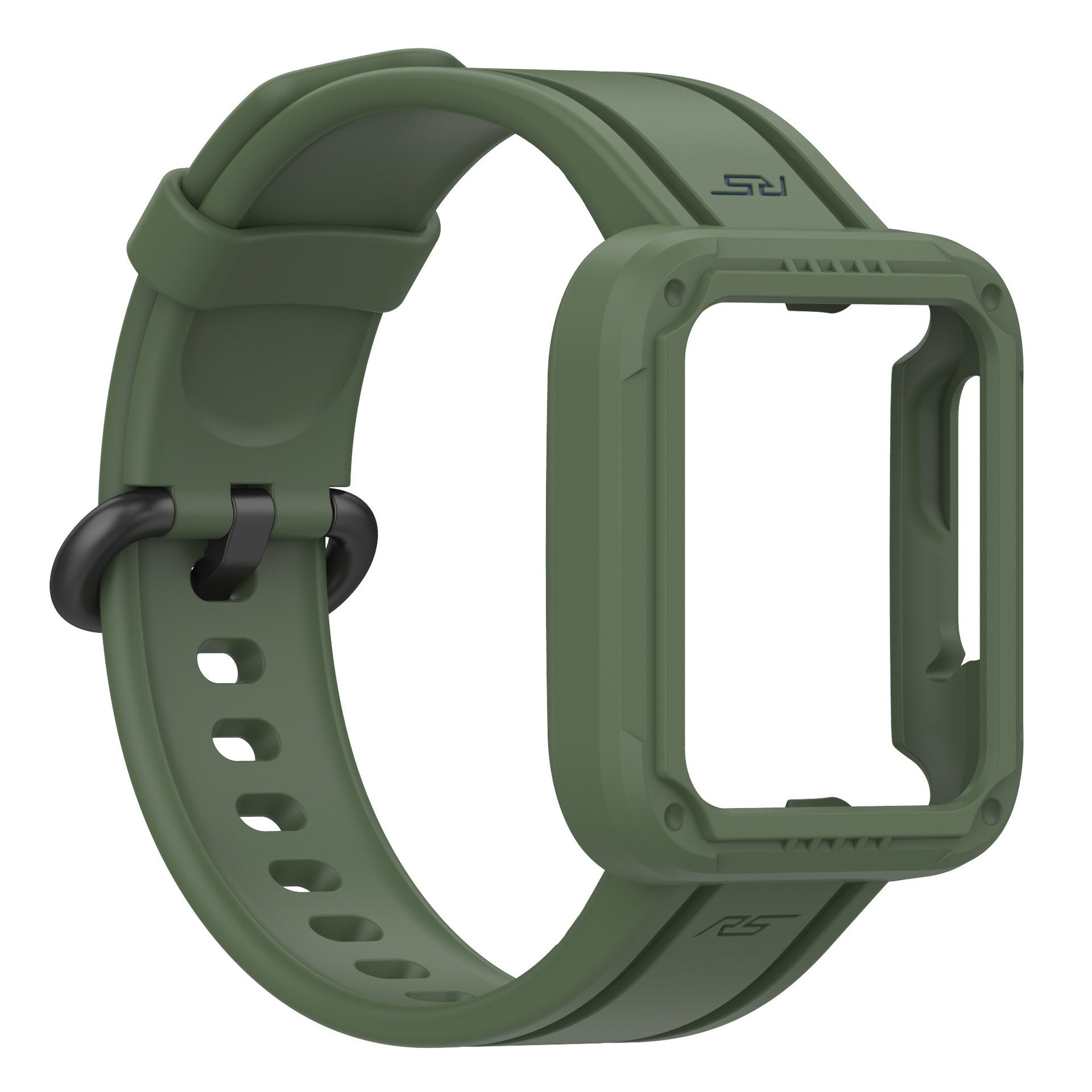 Ein olivgrünes Uhrenarmband mit schwarzem Verschluss. Das Armband besteht aus Silikon. Das Uhrengehäuse ist ebenfalls olivgrün.