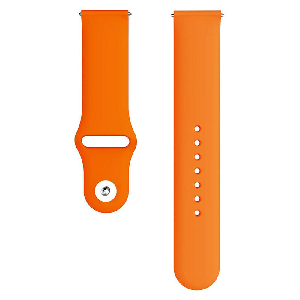 Zwei leuchtend orangefarbene Armbänder. Eines hat eine Schnalle und einen Stift, das andere Löcher für den Stift.
