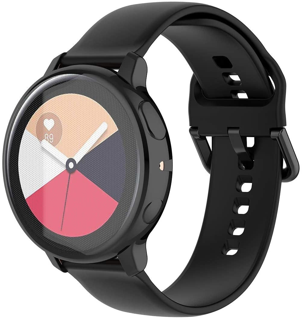 Eine schwarze Smartwatch mit rundem Zifferblatt. Das Zifferblatt zeigt ein farbenfrohes Design mit einem Herzfrequenzsymbol. Das Armband ist ebenfalls schwarz.