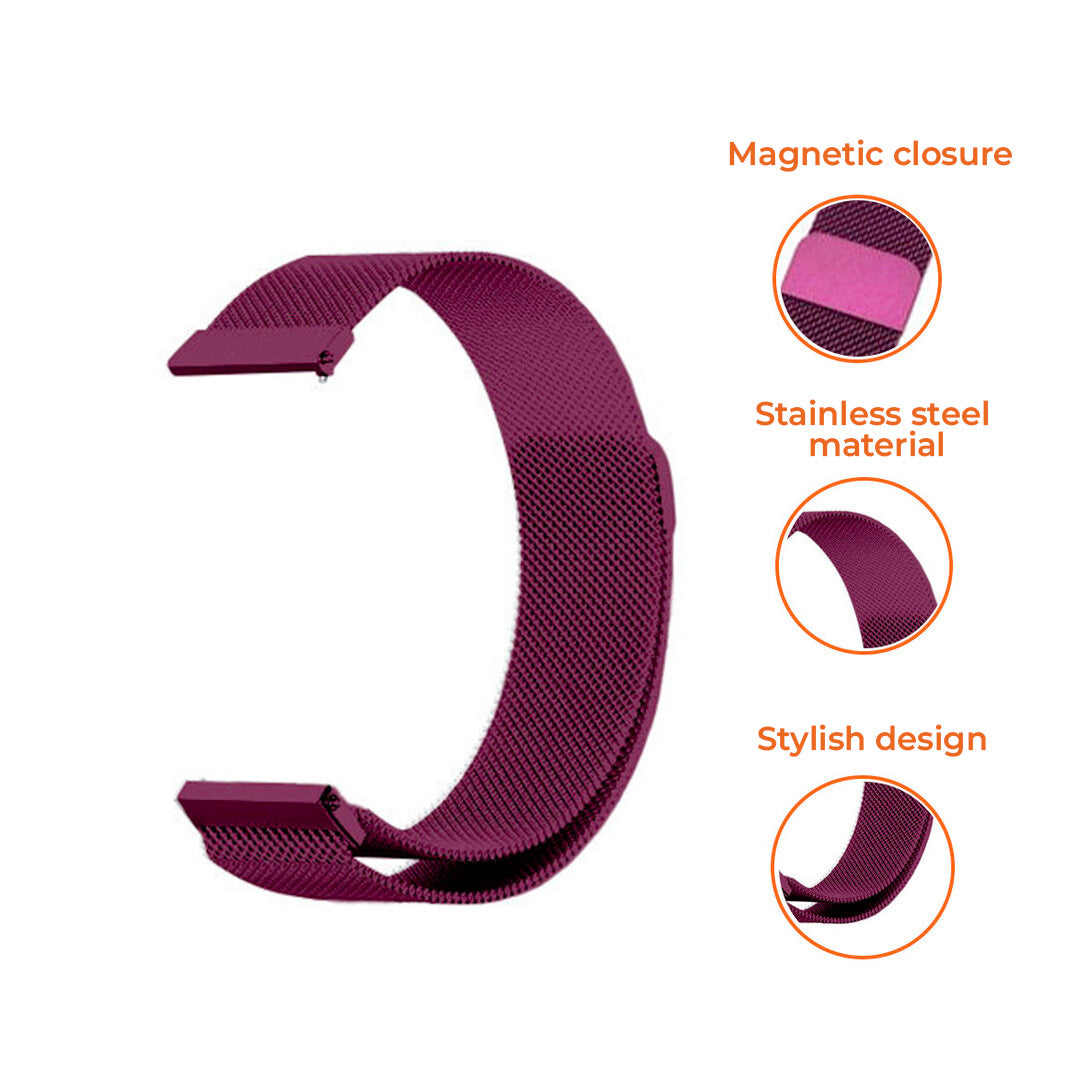 Ein tiefviolettes Uhrenarmband wird mit Details zu Magnetverschluss, Edelstahlmaterial und stilvollem Design auf weißem Hintergrund gezeigt.