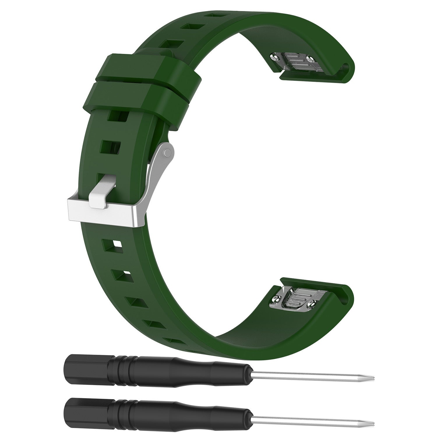 Ein grünes Uhrenarmband mit silberner Schnalle und zwei schwarzen Schraubendrehern auf weißem Grund.