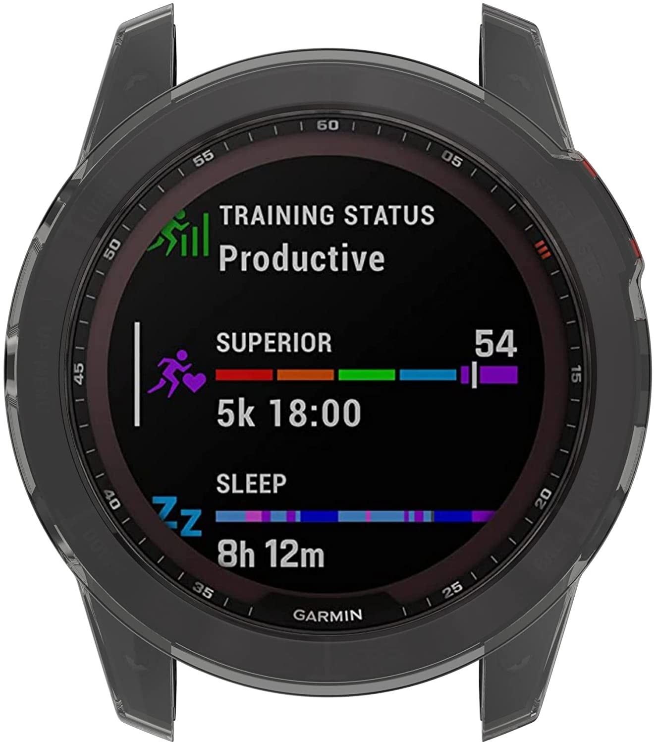 Ein Smartwatch-Bildschirm zeigt Trainingsstatus, überlegene Leistung, 5-km-Laufzeit und Schlafdauer. Der Bildschirm ist schwarz mit weißem Text.
