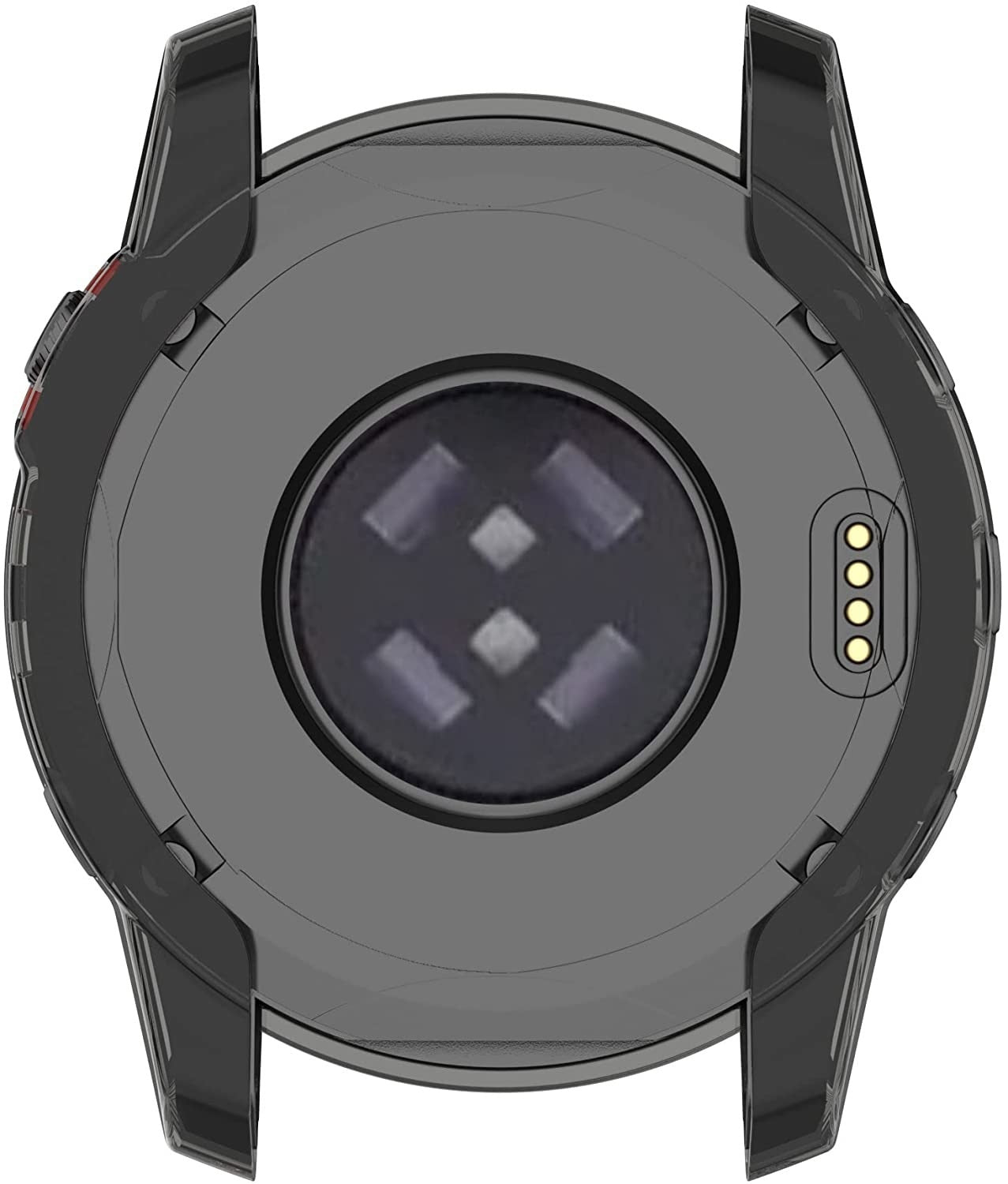 Unterseite der schwarzen Smartwatch mit Sensoren und Ladekontakten. Graues Gehäuse mit schwarzen Bandanstößen. Roter Knopf.