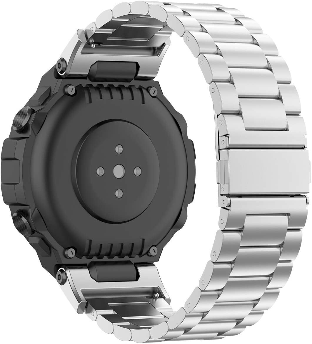 Eine Smartwatch mit schwarzem Gehäuse und silbernem Metallarmband. Die Rückseite und das Armband sind sichtbar.