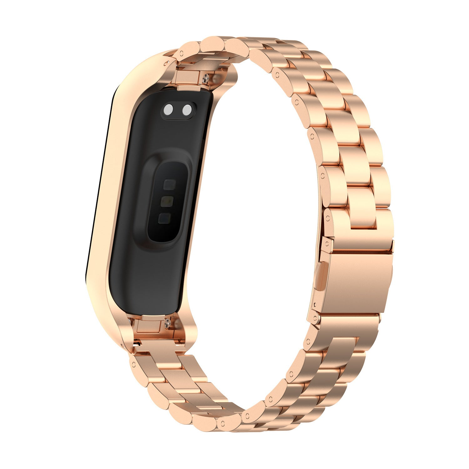 Eine roségoldene Smartwatch mit schwarzem Display. Das Armband ist ebenfalls roségold, aus Metallgliedern. Weißer Hintergrund.