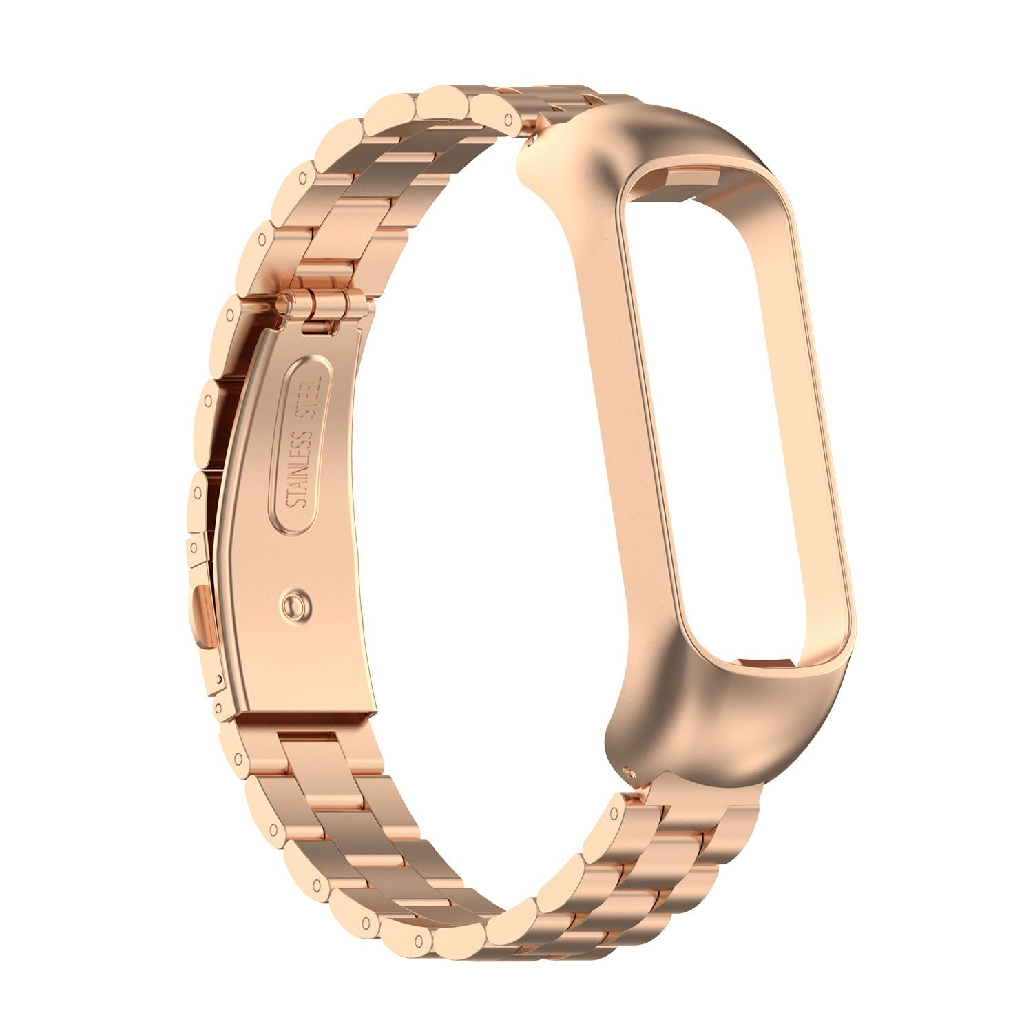 Ein roségoldenes Metallarmband mit einem rechteckigen Rahmen für die Uhr und einem Kettengliedband. Das Band ist mit 'STAINLESS STEEL' beschriftet.