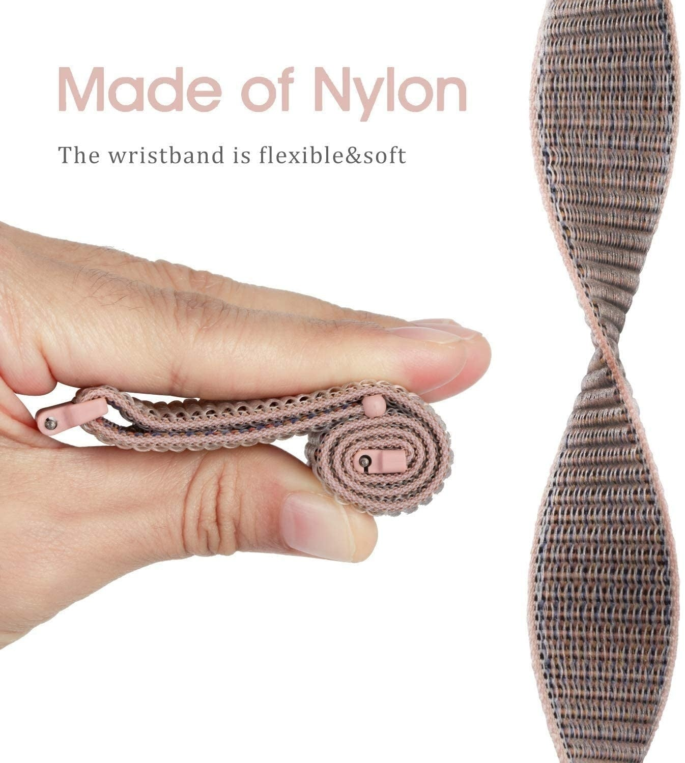 Hand hält ein aufgerolltes, rosa Nylon-Armband. Der Text lautet "Made of Nylon". Das Armband ist flexibel und weich.