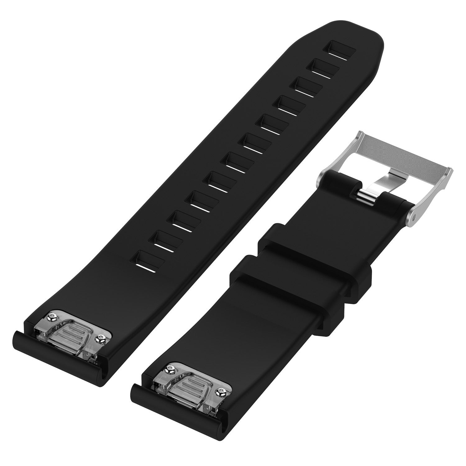 Zwei schwarze Uhrenarmbänder mit silbernen Verschlüssen vor weißem Hintergrund. Eines ist länger und hat Schlitze.