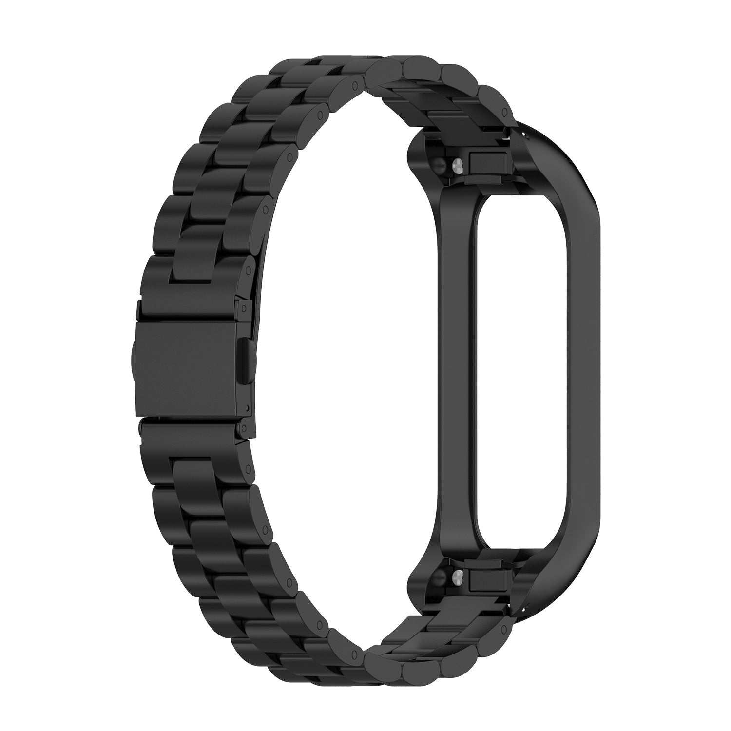 Ein schwarzes Metall-Uhrenarmband mit Verschluss. Das Armband ist gebogen und hat ein schlankes, modernes Design. Der Hintergrund ist weiß.