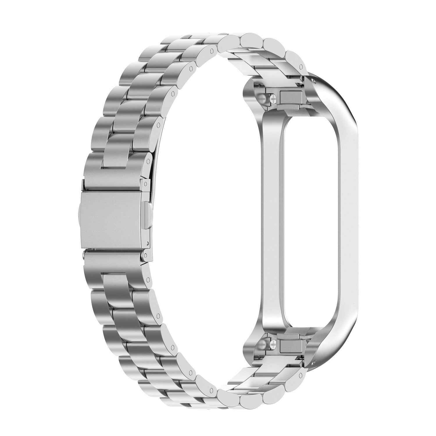 Ein silbernes Armband. Es besteht aus verbundenen Metallgliedern. Das Armband hat an einem Ende einen Verschluss und am anderen einen Rahmen für eine Uhr.