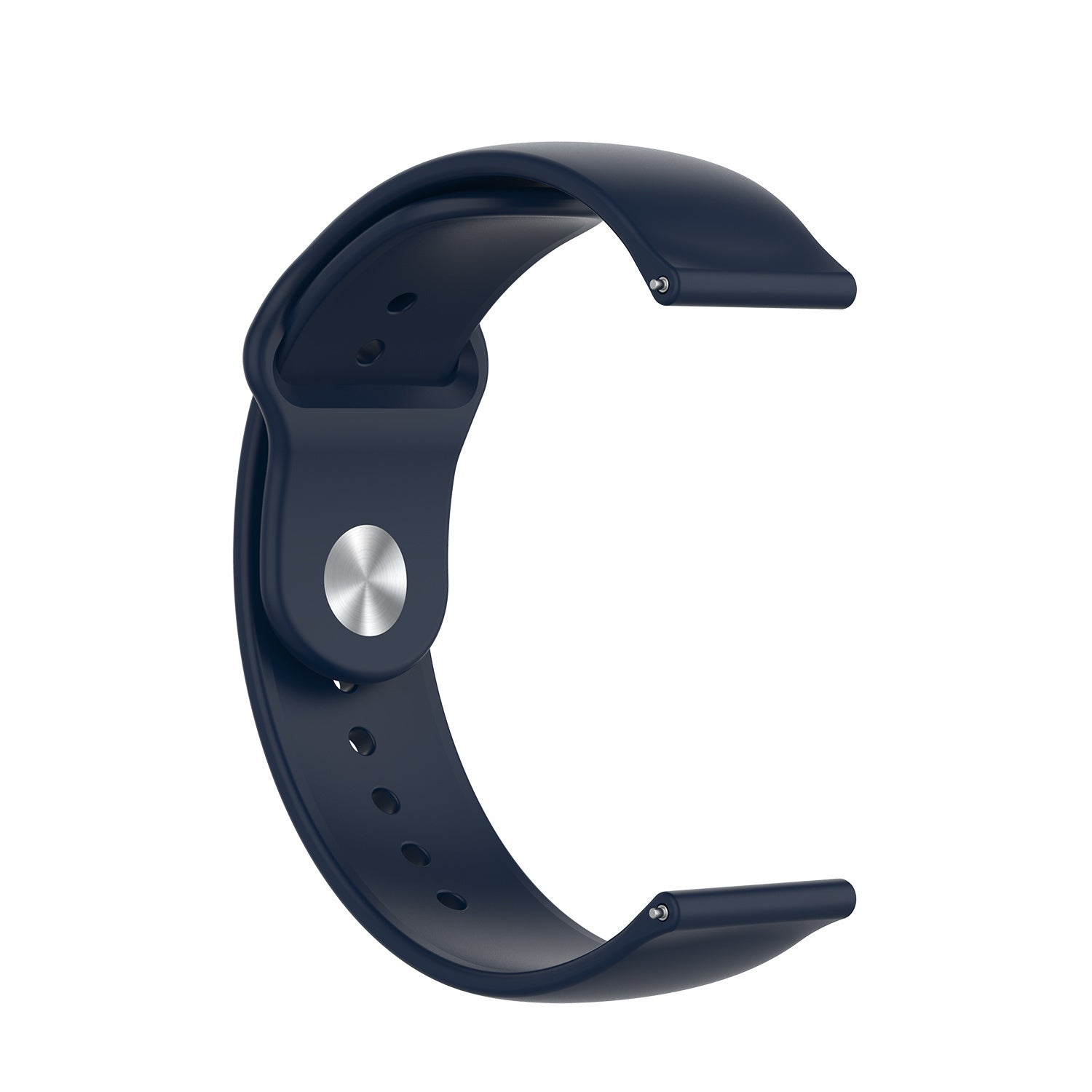 Ein marineblaues Uhrenarmband. Es hat eine gebogene Form mit einem Metallverschluss in der Mitte. Mehrere Löcher sind sichtbar.