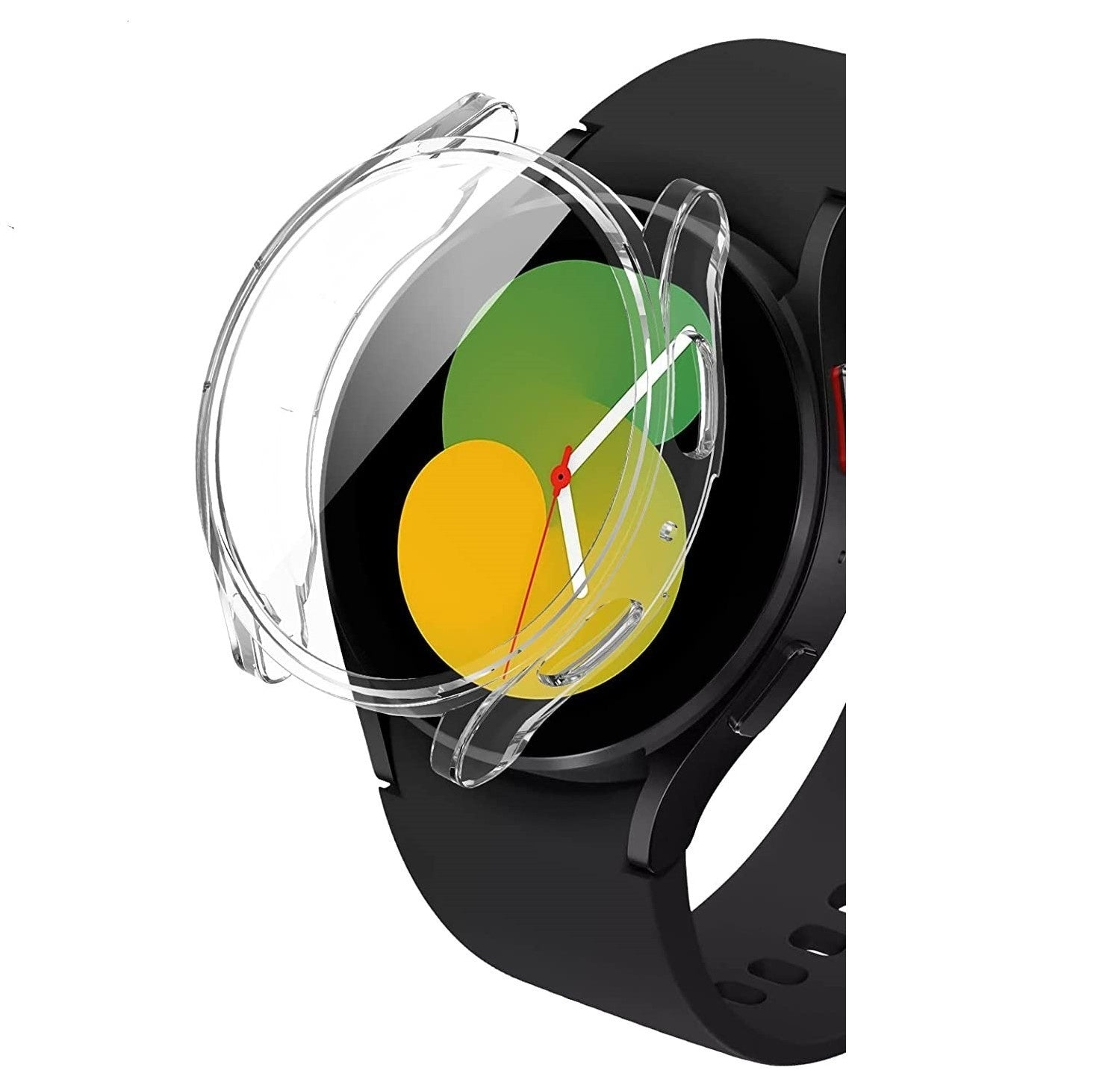 Eine schwarze Smartwatch mit einer transparenten Schutzhülle. Das Zifferblatt zeigt gelbe, grüne und weiße Elemente.