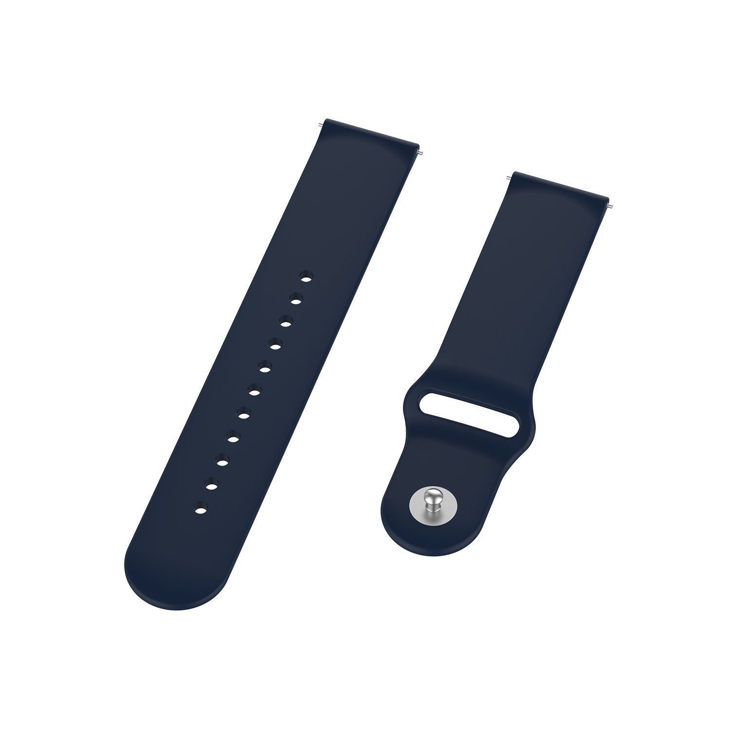 Zwei marineblaue Uhrenarmbänder auf weißem Hintergrund. Ein Armband hat Löcher, das andere einen Metallverschluss.