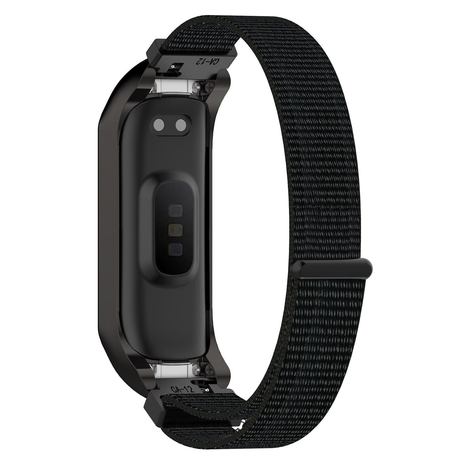 Schwarzer Fitnesstracker mit schwarzem Stoffband. Der Tracker hat einen Bildschirm und ein Band, das mit einer schwarzen Schnalle befestigt wird.