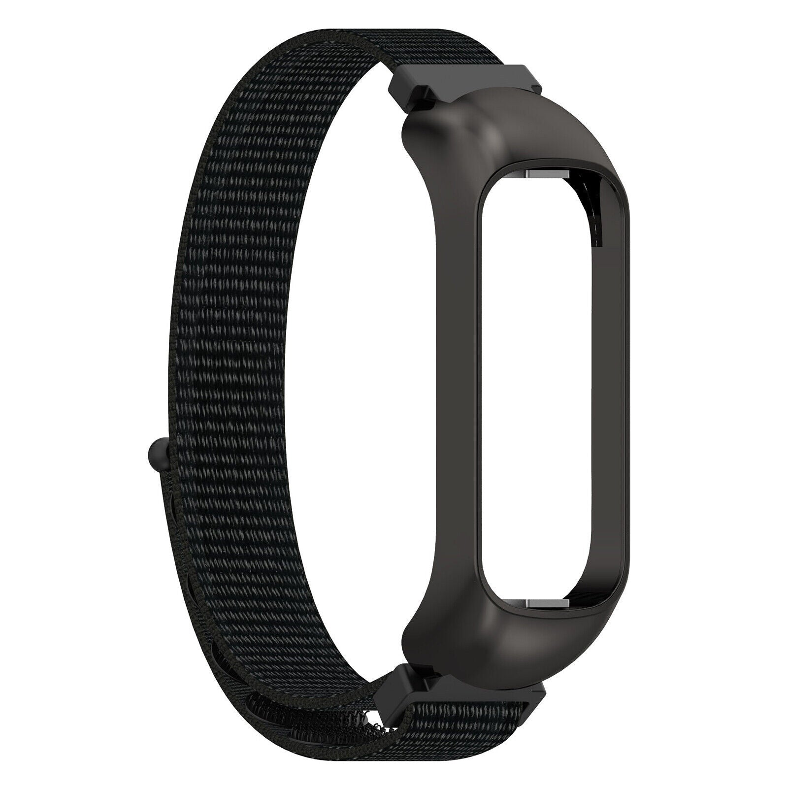 Schwarzes Uhrenarmband und Uhrengehäuse. Das Armband besteht aus strukturiertem Stoff. Das Gehäuse hat einen leeren Raum.