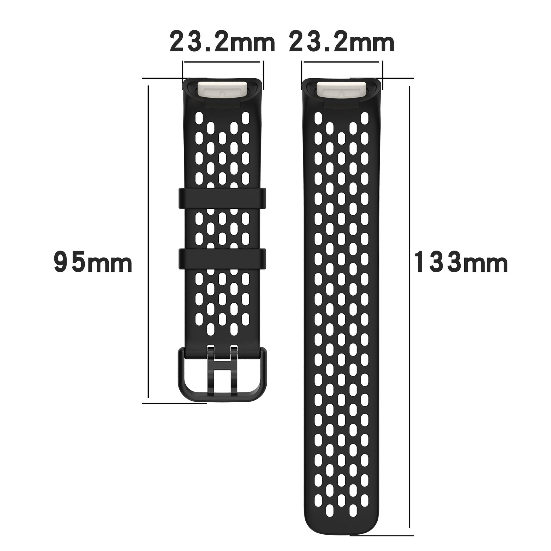 Schwarze Uhrenarmbänder mit weißen ovalen Löchern. Abmessungen sind auf den Armbändern angegeben. Der Hintergrund ist weiß.
