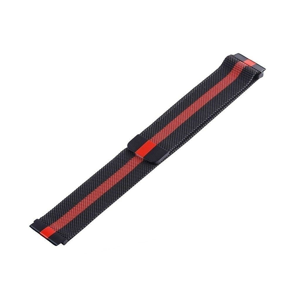 Ein schwarzes Uhrenarmband mit einem roten Streifen in der Mitte, auf weißem Hintergrund.