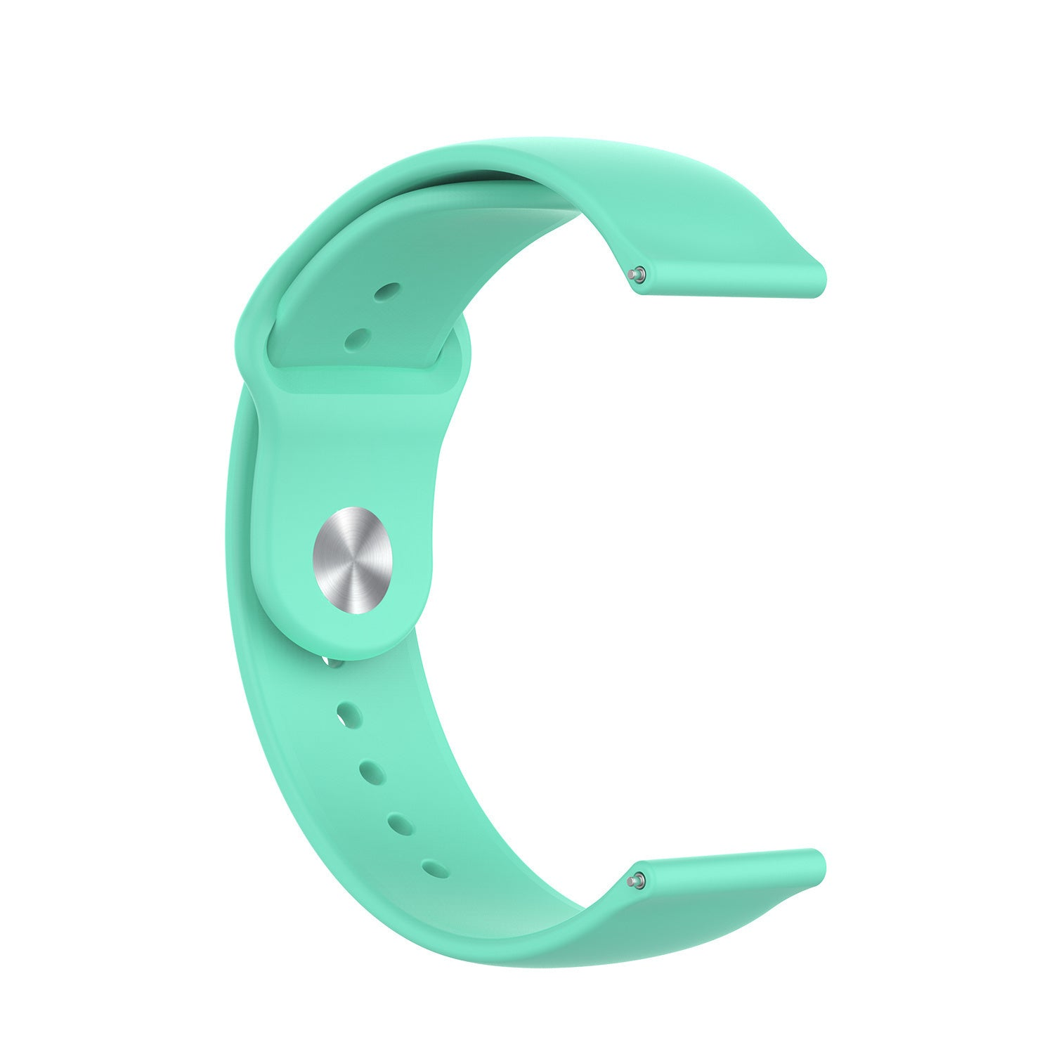 Ein hellgrünes Uhrenarmband in C-Form. Es hat Löcher und Metallstifte zur Befestigung. Der Hintergrund ist weiß.