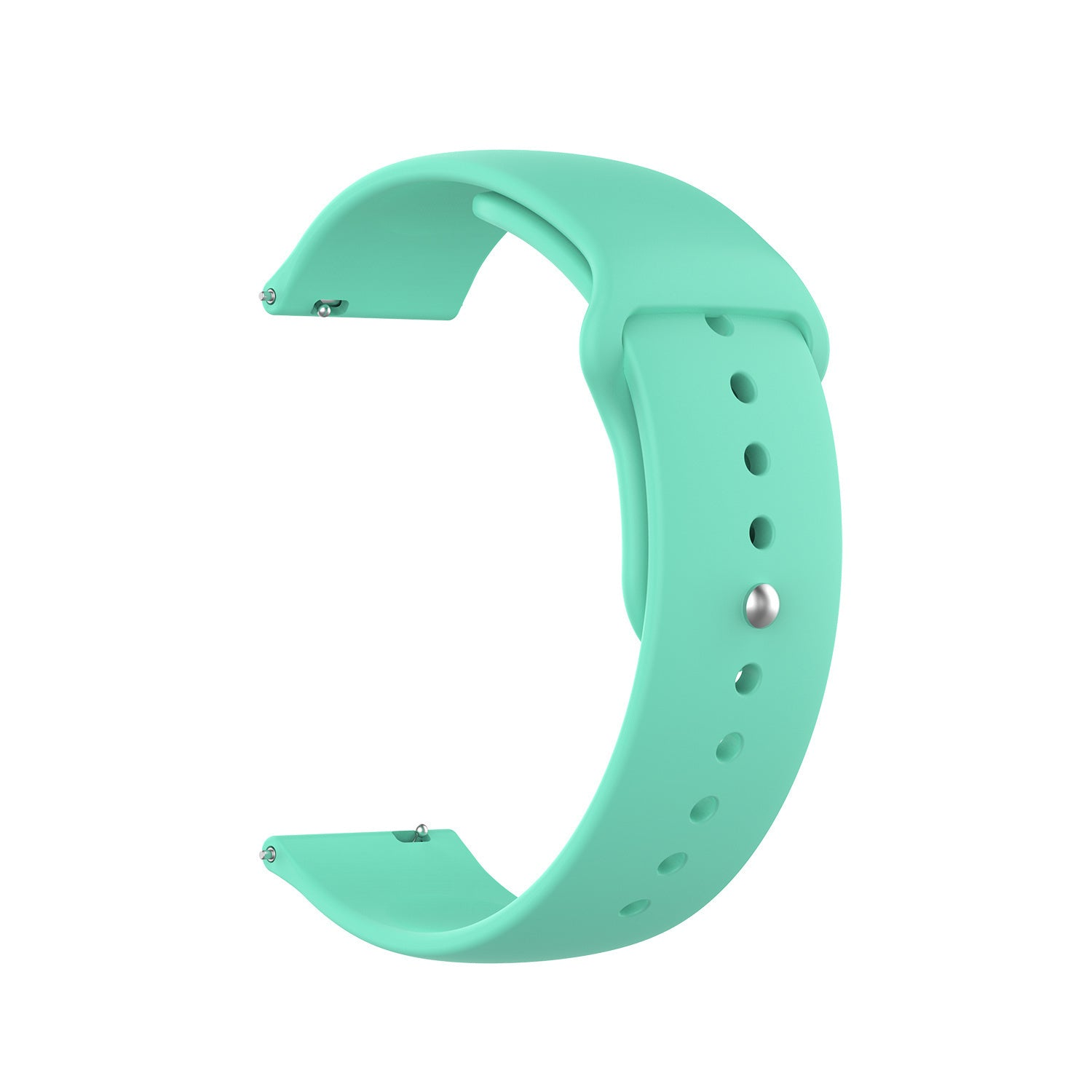 Ein hellgrünes Uhrenarmband vor weißem Hintergrund. Das Band ist gebogen, mit Löchern und einem Metallverschluss zur Anpassung.