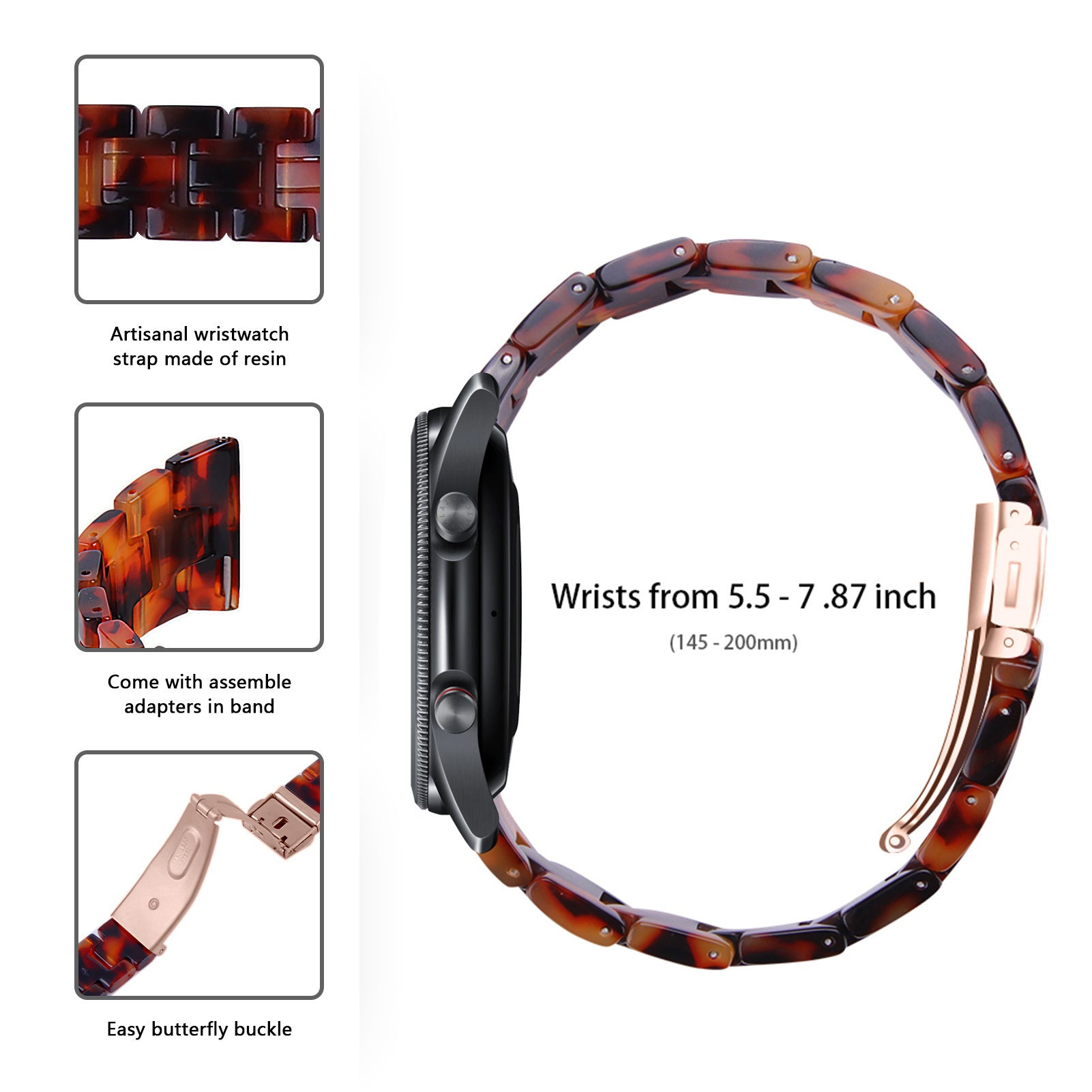Eine Armbanduhr mit braunem Harzarmband wird gezeigt. Die Uhr hat ein schwarzes Zifferblatt. Das Armband hat eine Butterfly-Schließe.