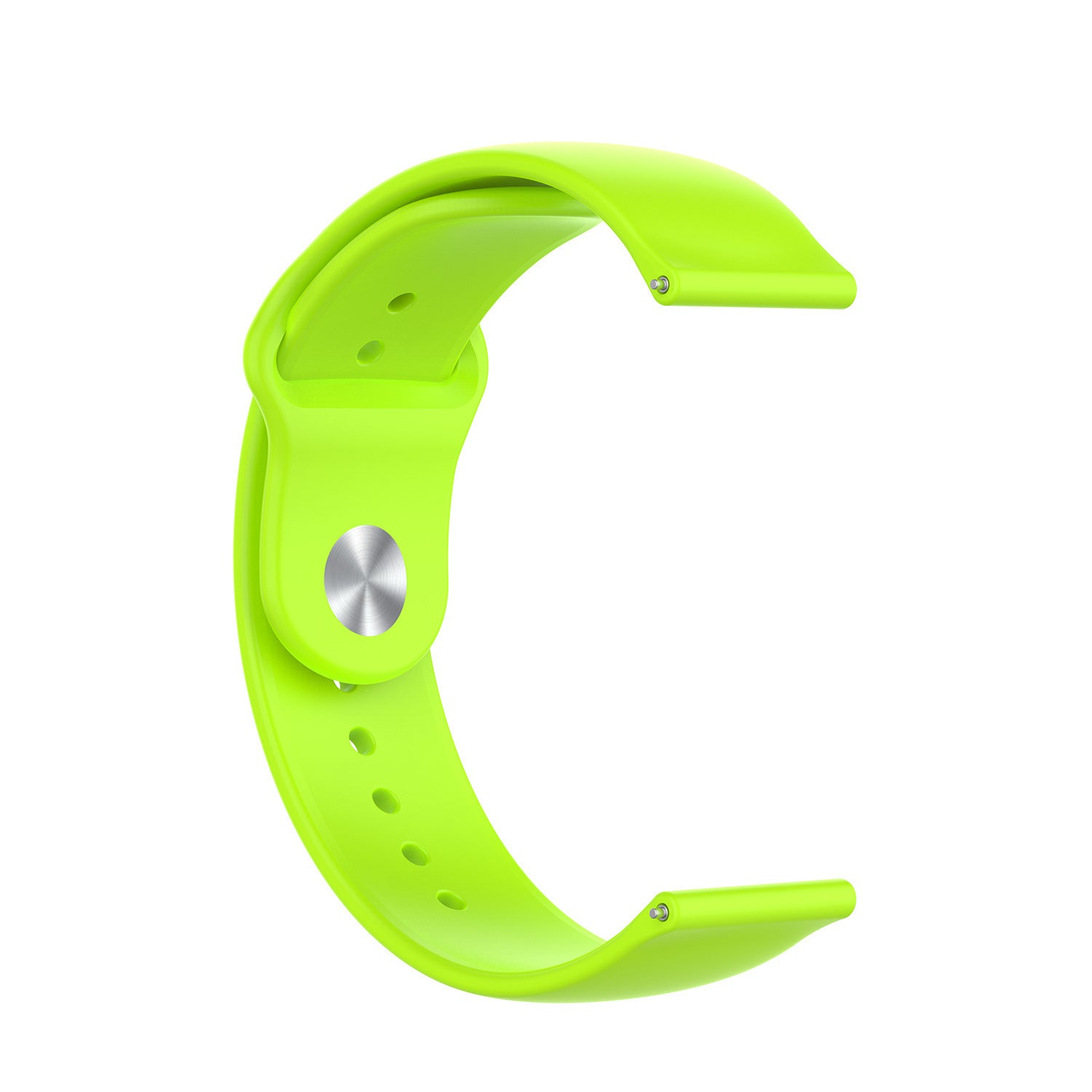 Ein limettengrünes Uhrenarmband in C-Form. Es hat Löcher zur Anpassung und silberne Metallstifte. Der Hintergrund ist schlicht weiß.