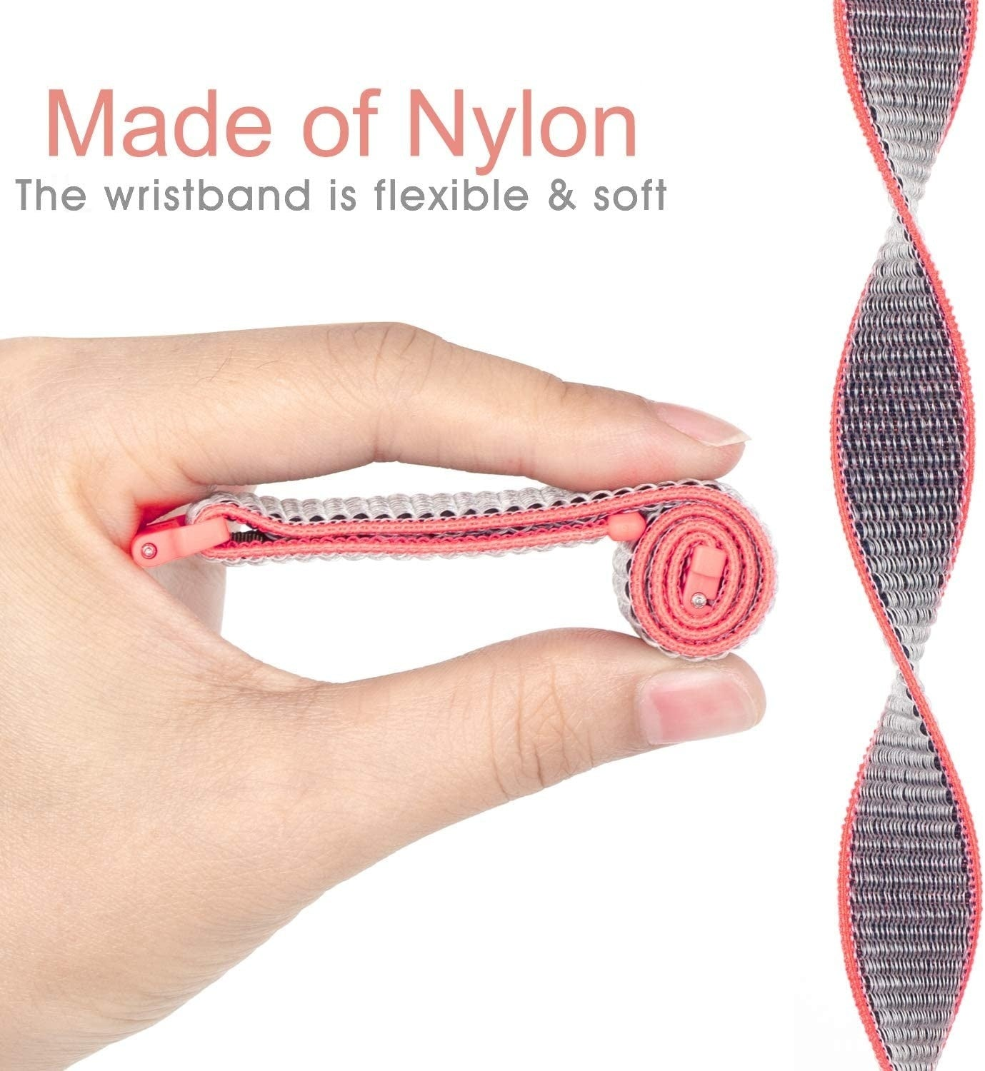 Hand hält ein aufgerolltes rosa-graues Nylon-Uhrenarmband. Text sagt "Made of Nylon". Das Armband ist flexibel und weich.