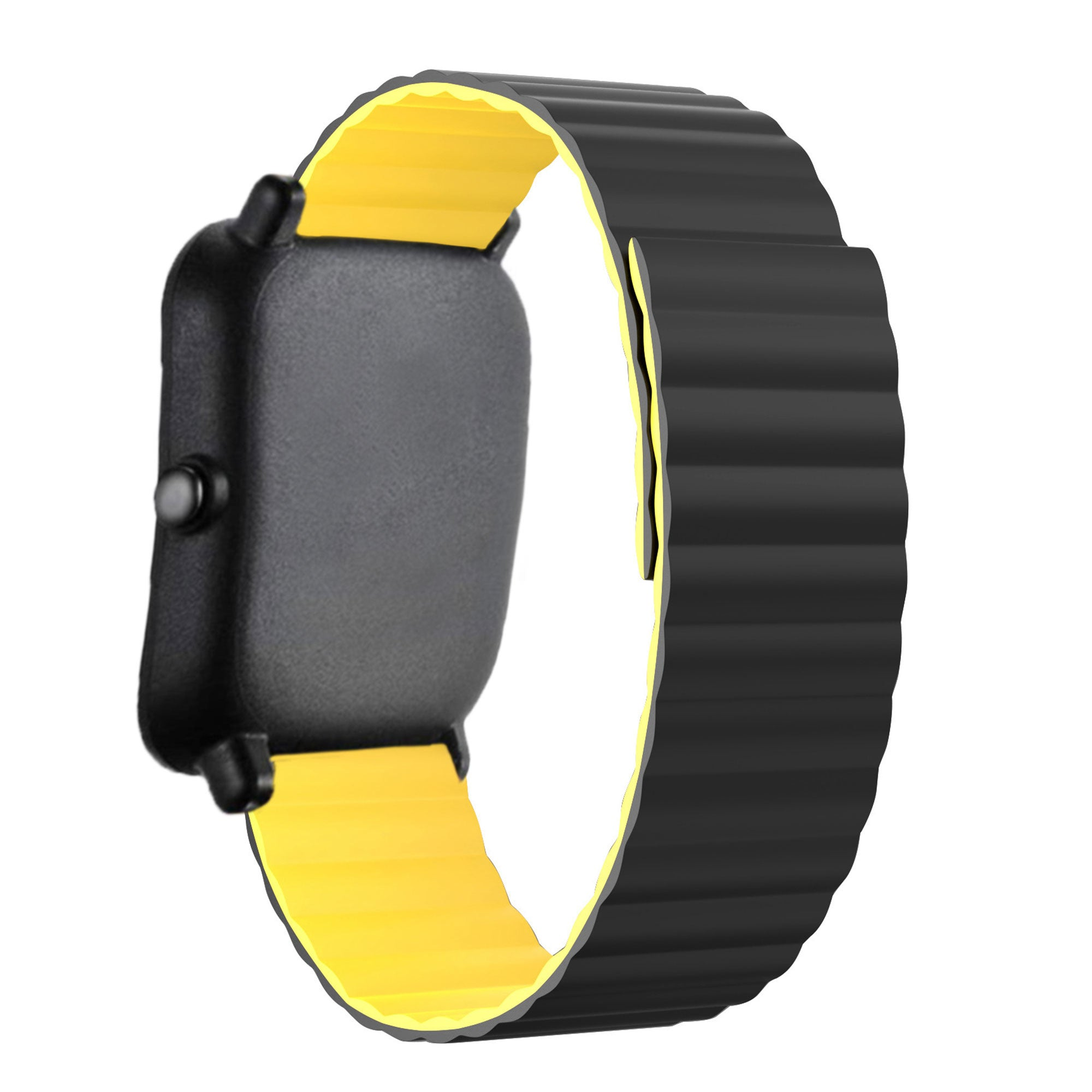 Eine schwarze Smartwatch mit gelbem Armband. Die Uhr ist rechteckig. Das Armband ist segmentiert und hat eine gerippte Textur.