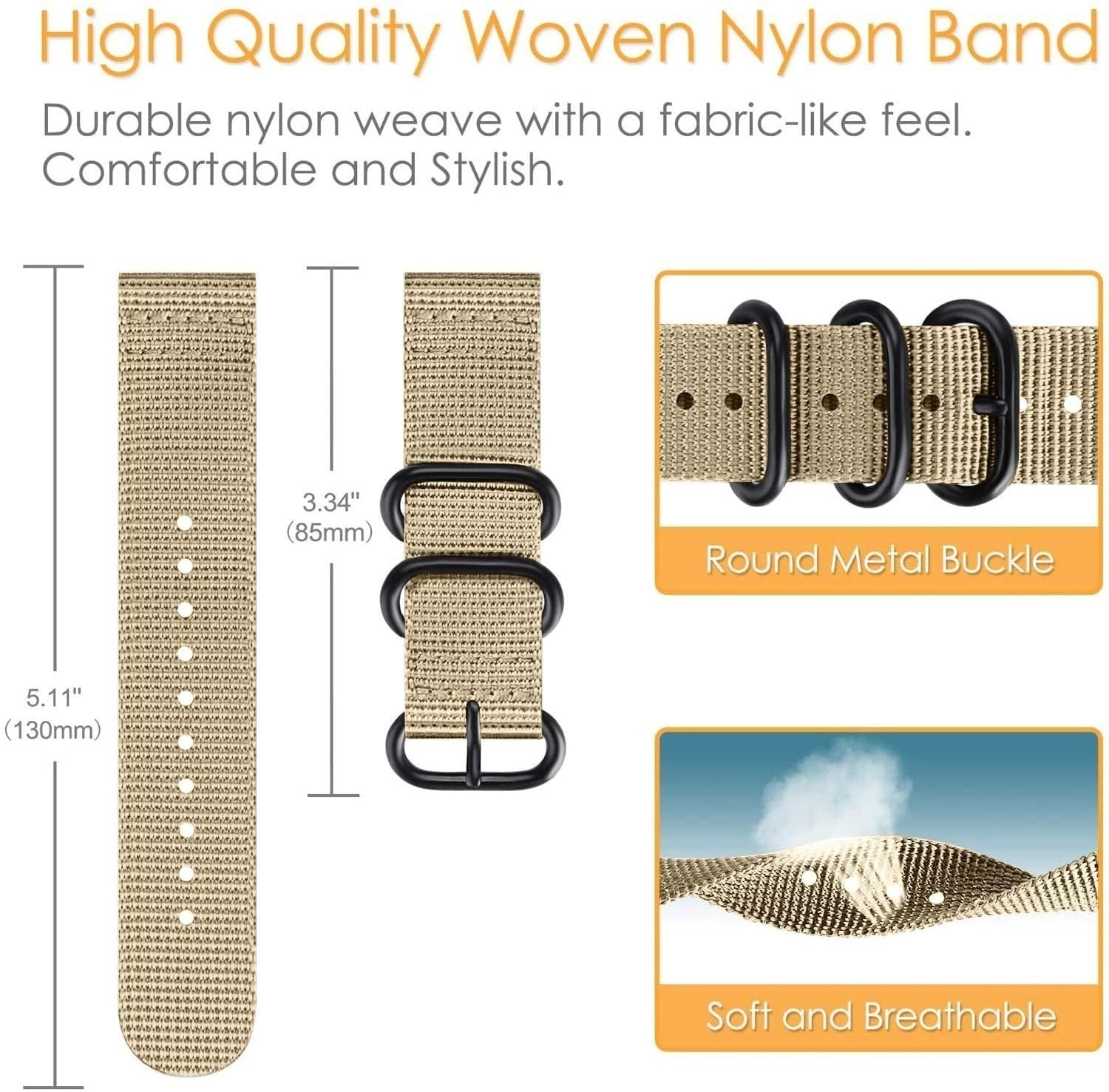 Beiges Nylon-Uhrenarmband mit schwarzen Schnallen. Enthält Maßtext und Nahaufnahmen von Schnalle und Stoff.