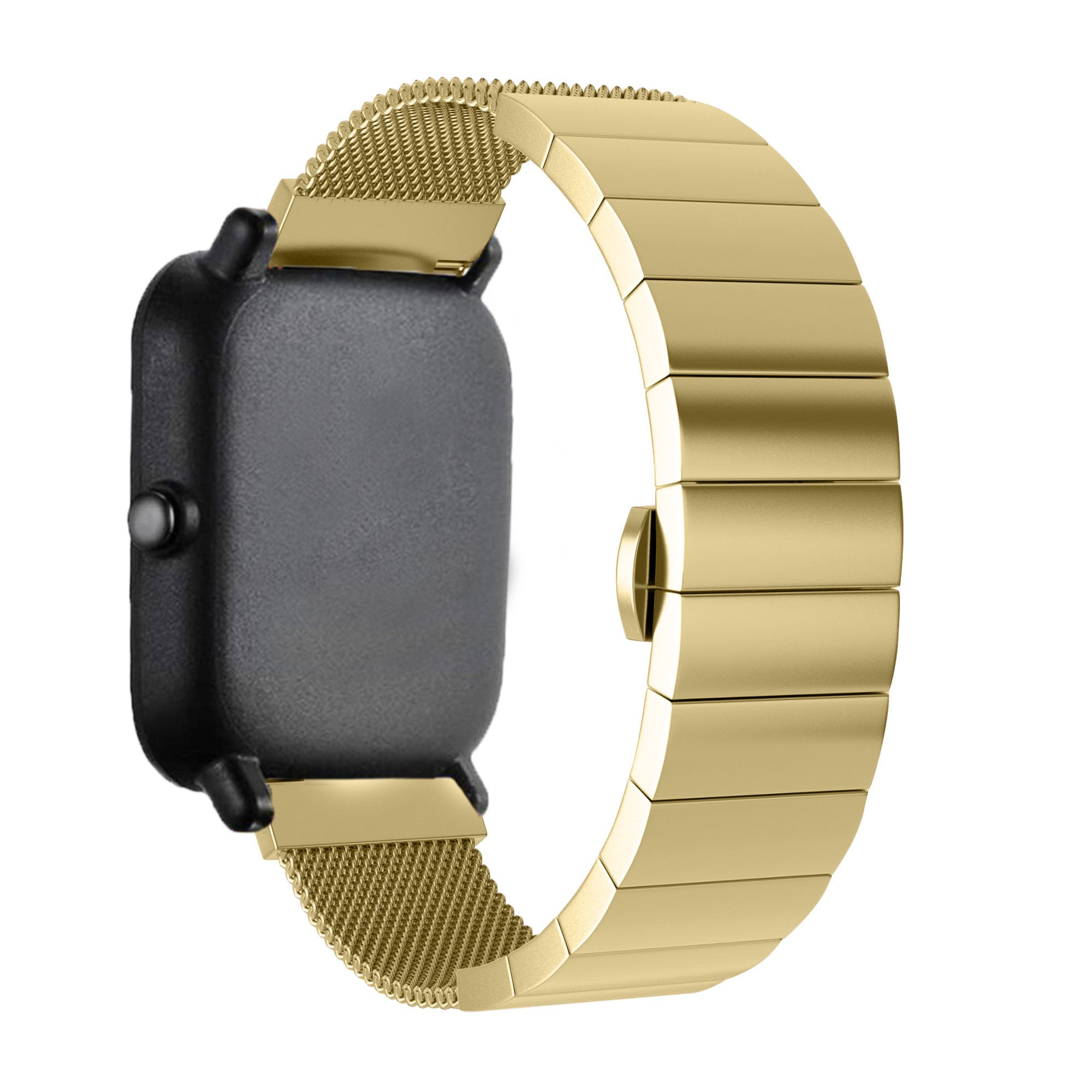 Eine goldene Uhr mit schwarzem Zifferblatt. Das Armband ist goldfarben und hat ein Mesh- und Massivglieder-Design.