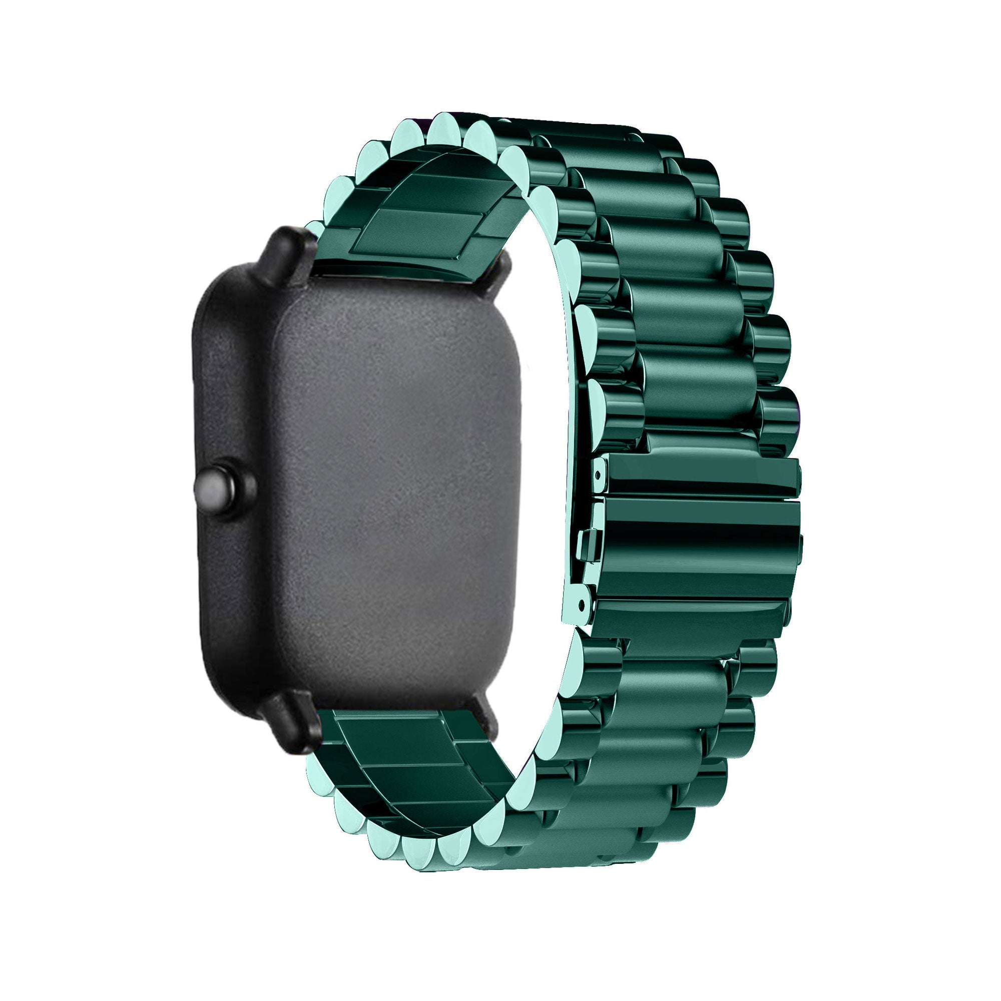 Eine schwarze Smartwatch mit einem teal-farbenen Metallarmband. Das Band hat ein einzigartiges geriffeltes Design, vor einem weißen Hintergrund.